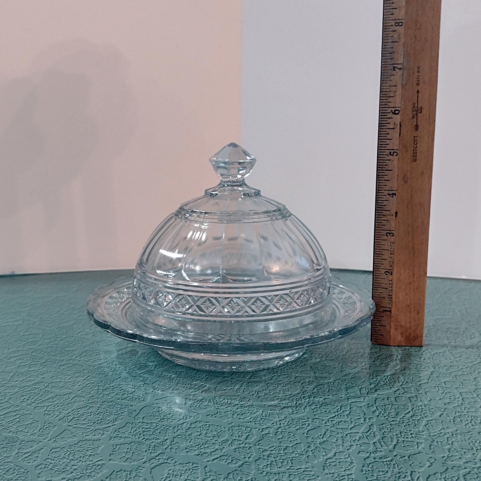 Antique Indiana Glass Round Covered Butter Dish, Star Band Pattern, EAPG Glassware
