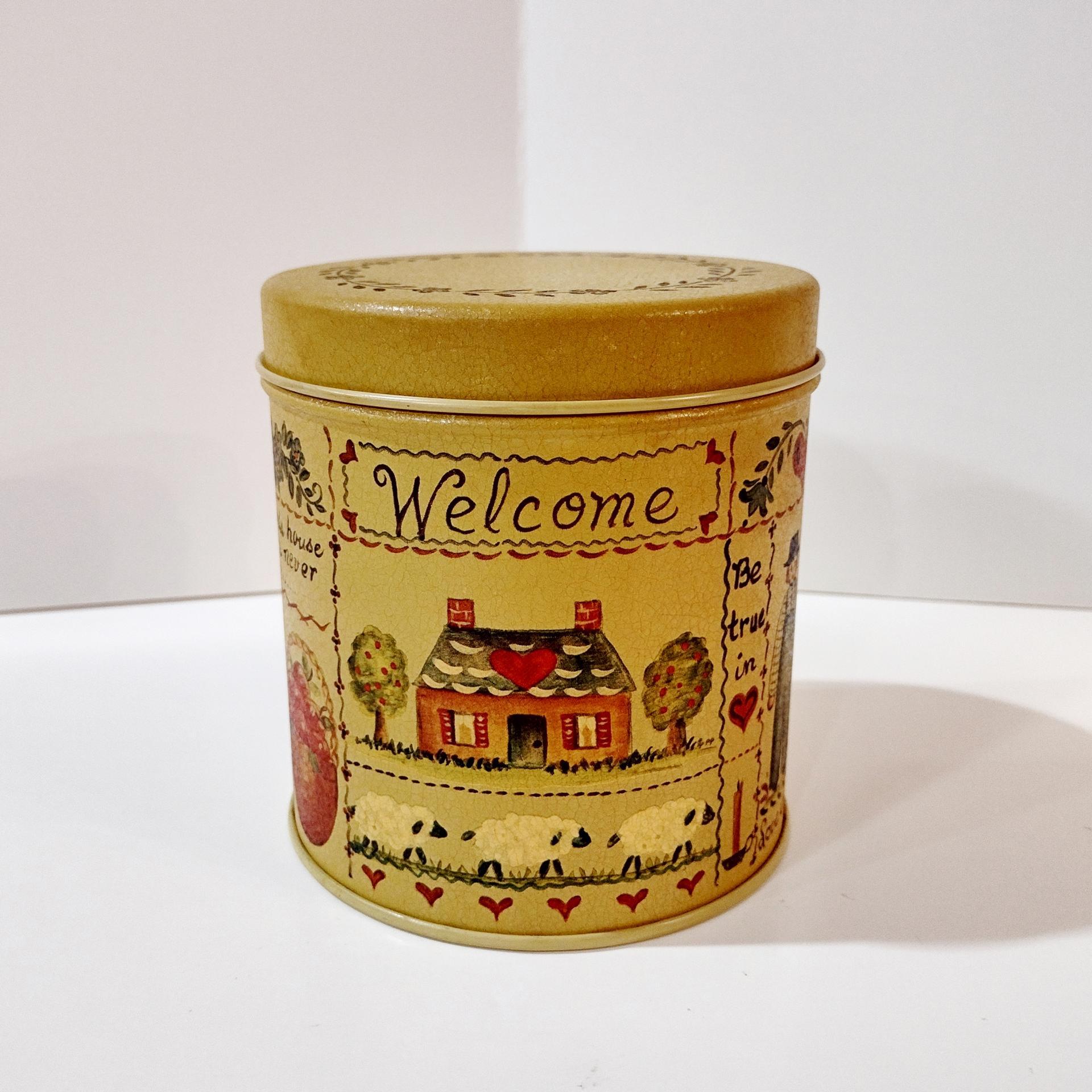 Vintage Helen Barrick Folk Art Round Tin, Welcome Home Country Cottage Storage Tin