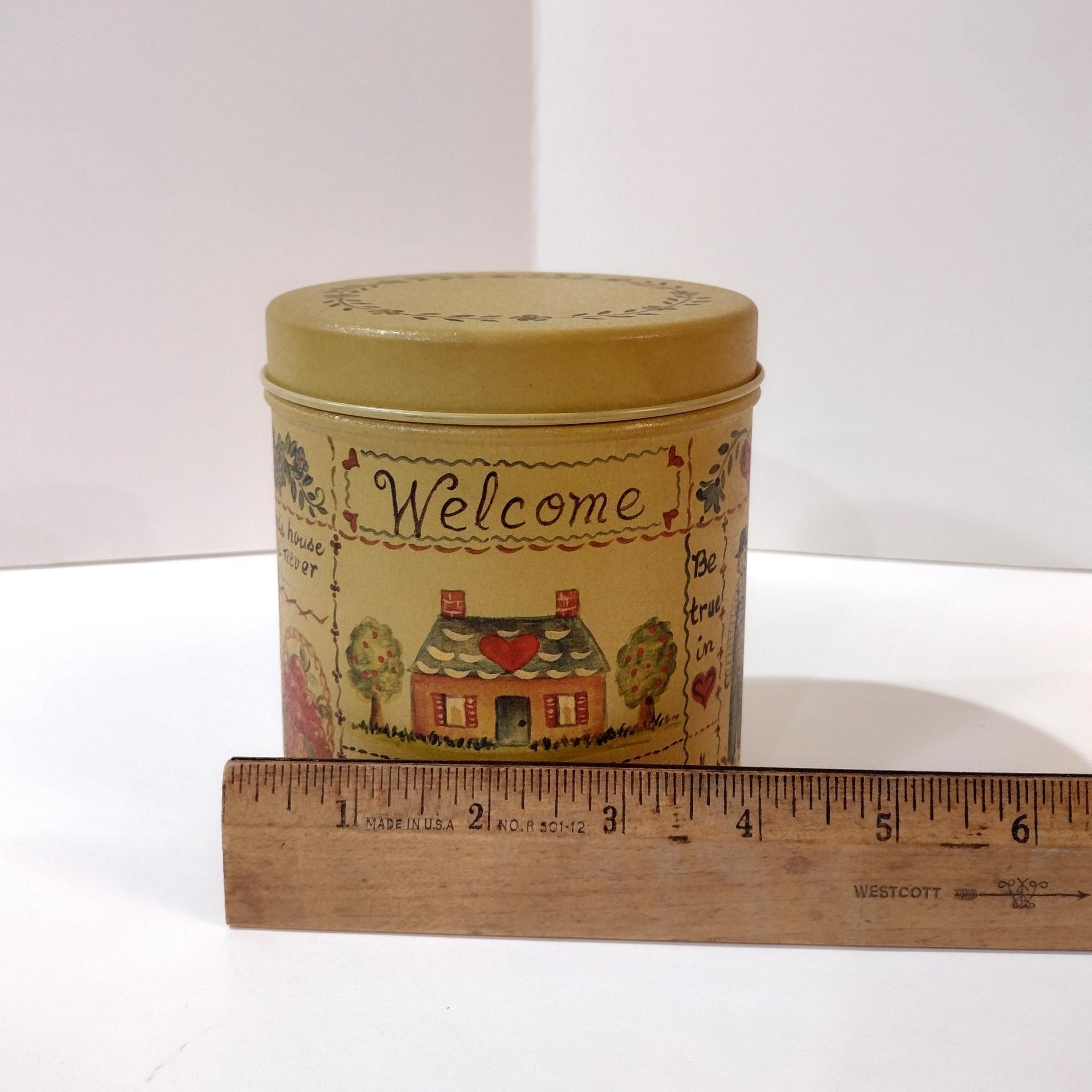 Vintage Helen Barrick Folk Art Round Tin, Welcome Home Country Cottage Storage Tin