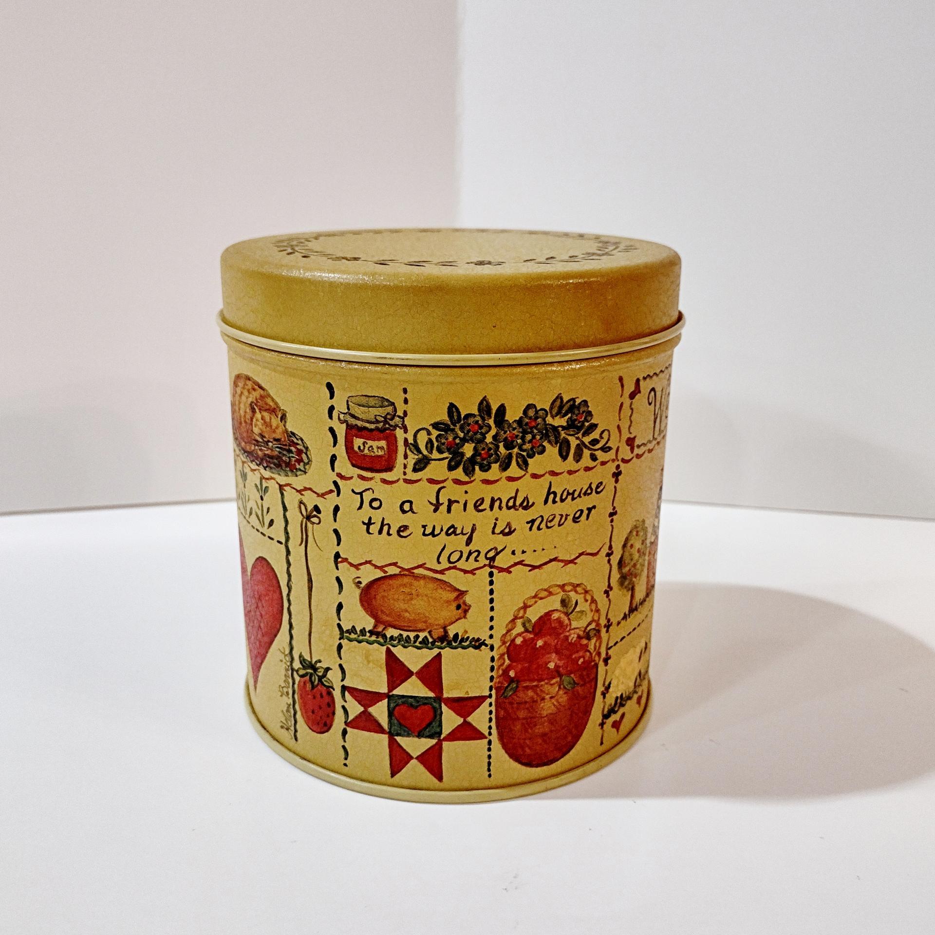 Vintage Helen Barrick Folk Art Round Tin, Welcome Home Country Cottage Storage Tin