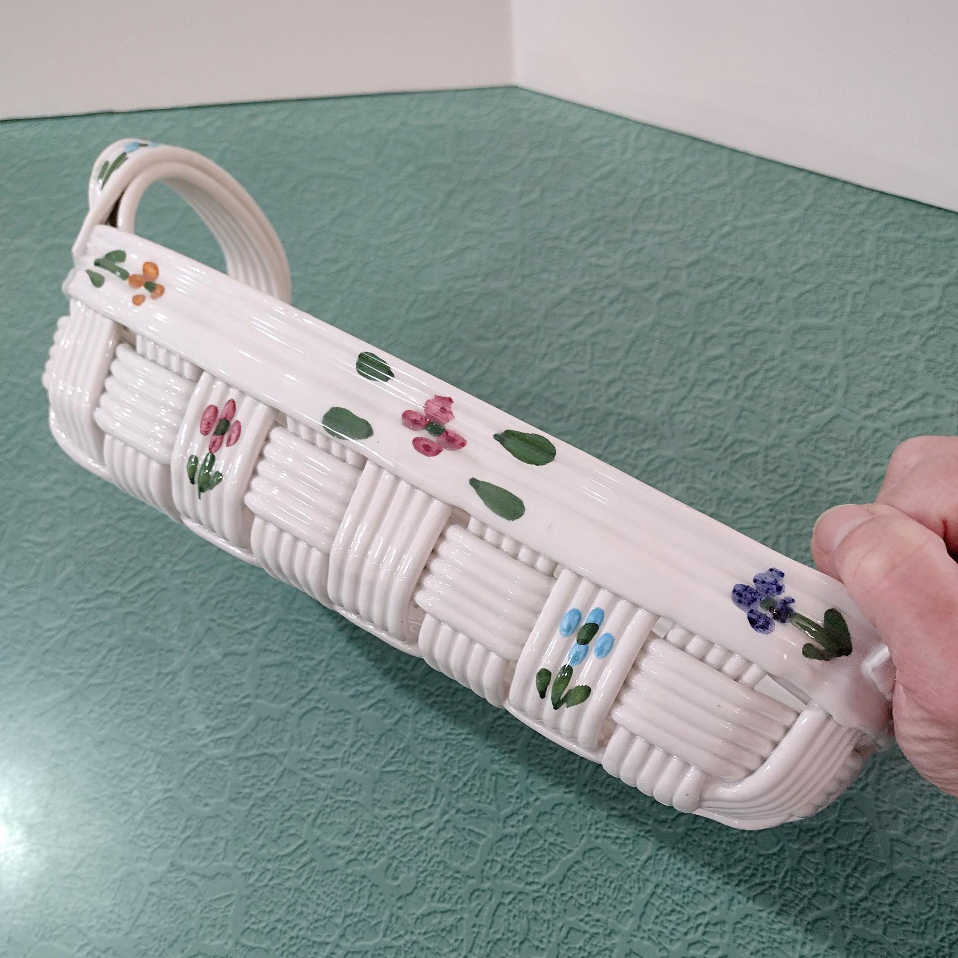 Vintage Ceramic Woven Basket with Hand Painted Flowers, Bread Basket, Mail Bin