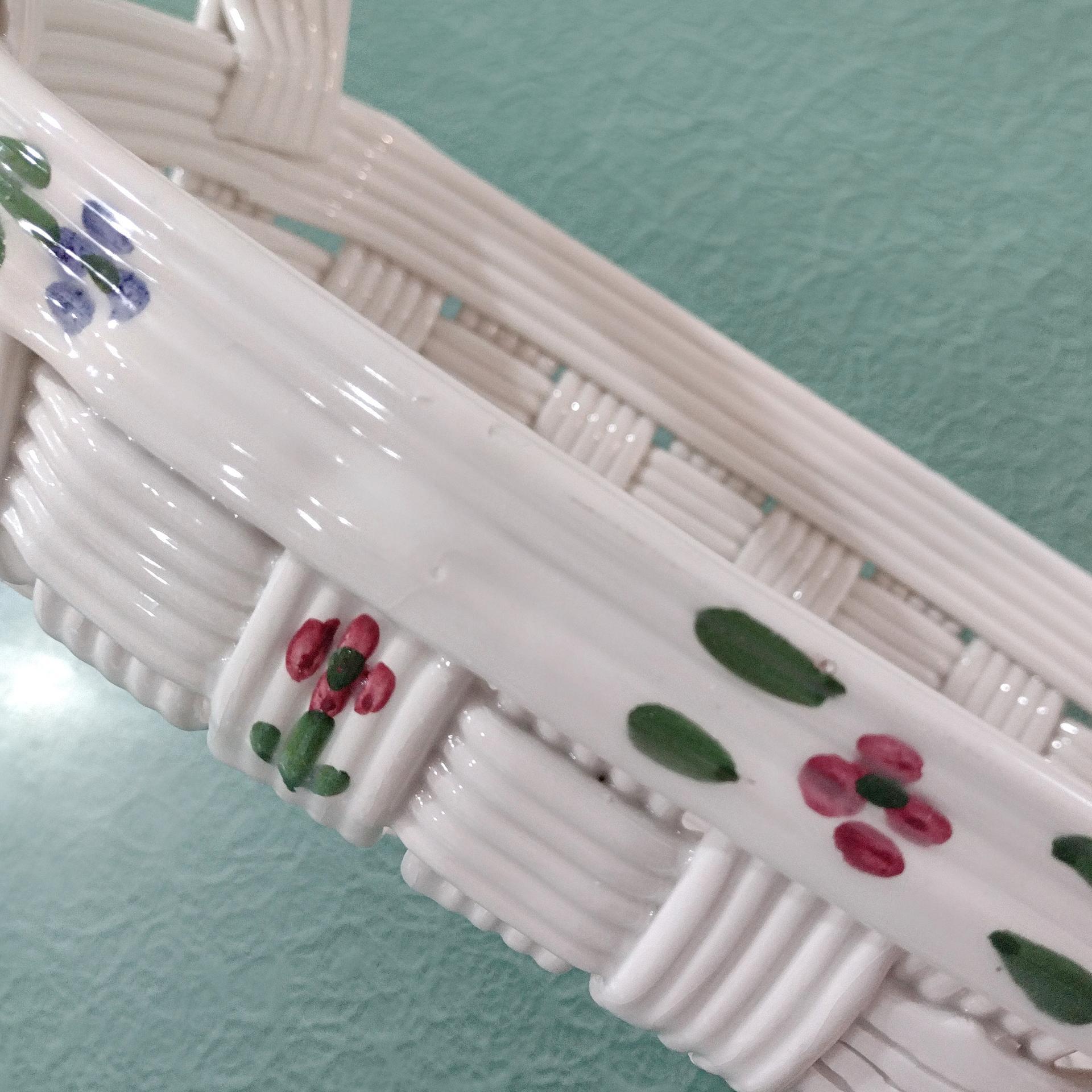 Vintage Ceramic Woven Basket with Hand Painted Flowers, Bread Basket, Mail Bin