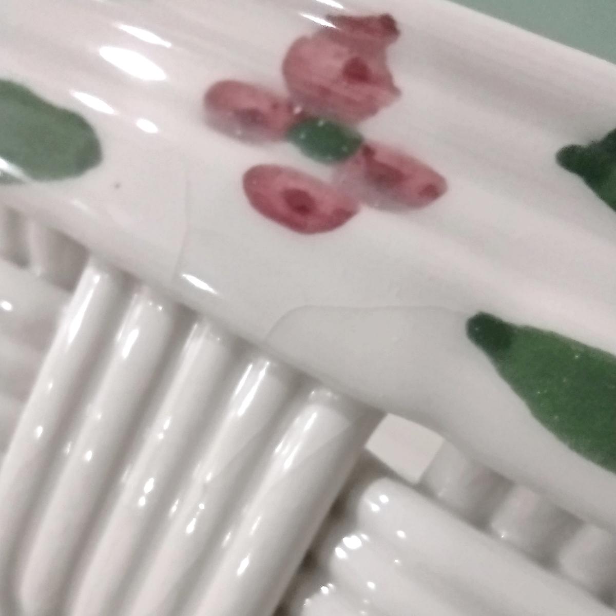 Vintage Ceramic Woven Basket with Hand Painted Flowers, Bread Basket, Mail Bin