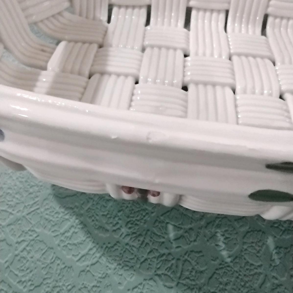 Vintage Ceramic Woven Basket with Hand Painted Flowers, Bread Basket, Mail Bin