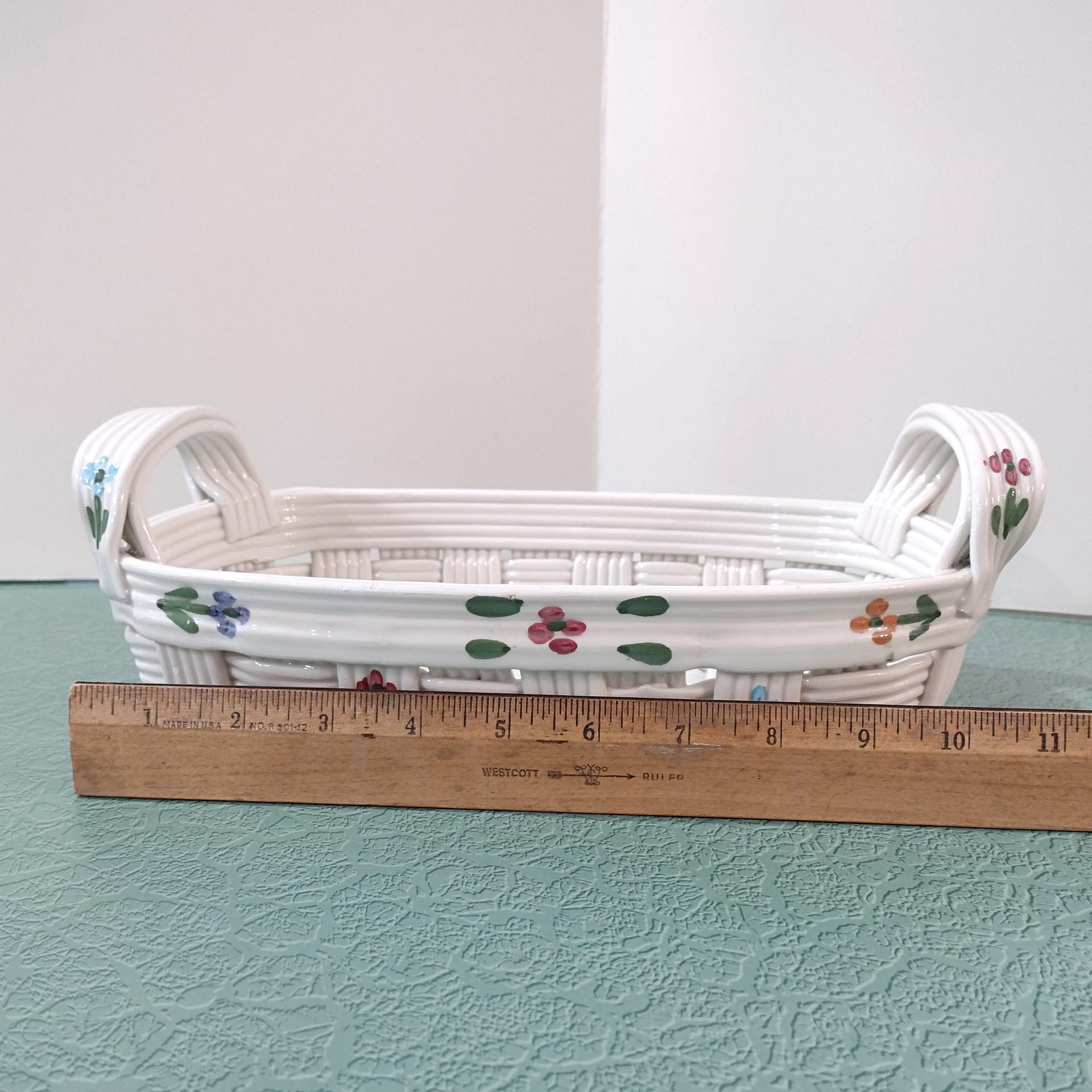 Vintage Ceramic Woven Basket with Hand Painted Flowers, Bread Basket, Mail Bin
