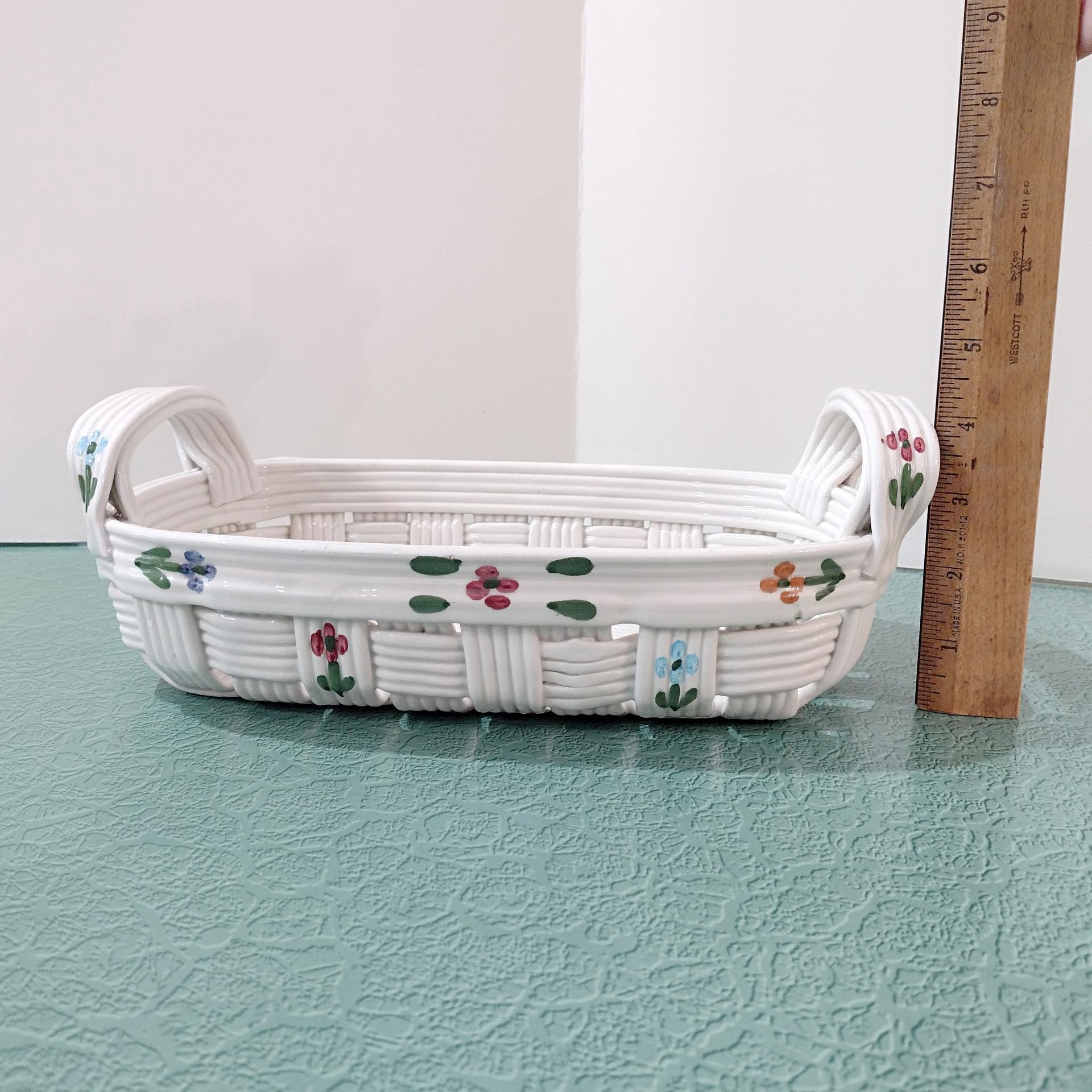 Vintage Ceramic Woven Basket with Hand Painted Flowers, Bread Basket, Mail Bin