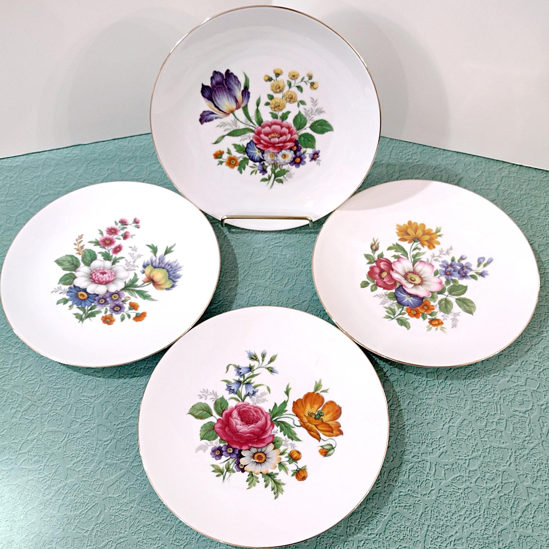 Vintage Bareuther Waldsassen Bavaria Germany Floral Dessert Salad Appetizer Plates, Set of 4, Bavarian Porcelain Flower Plates