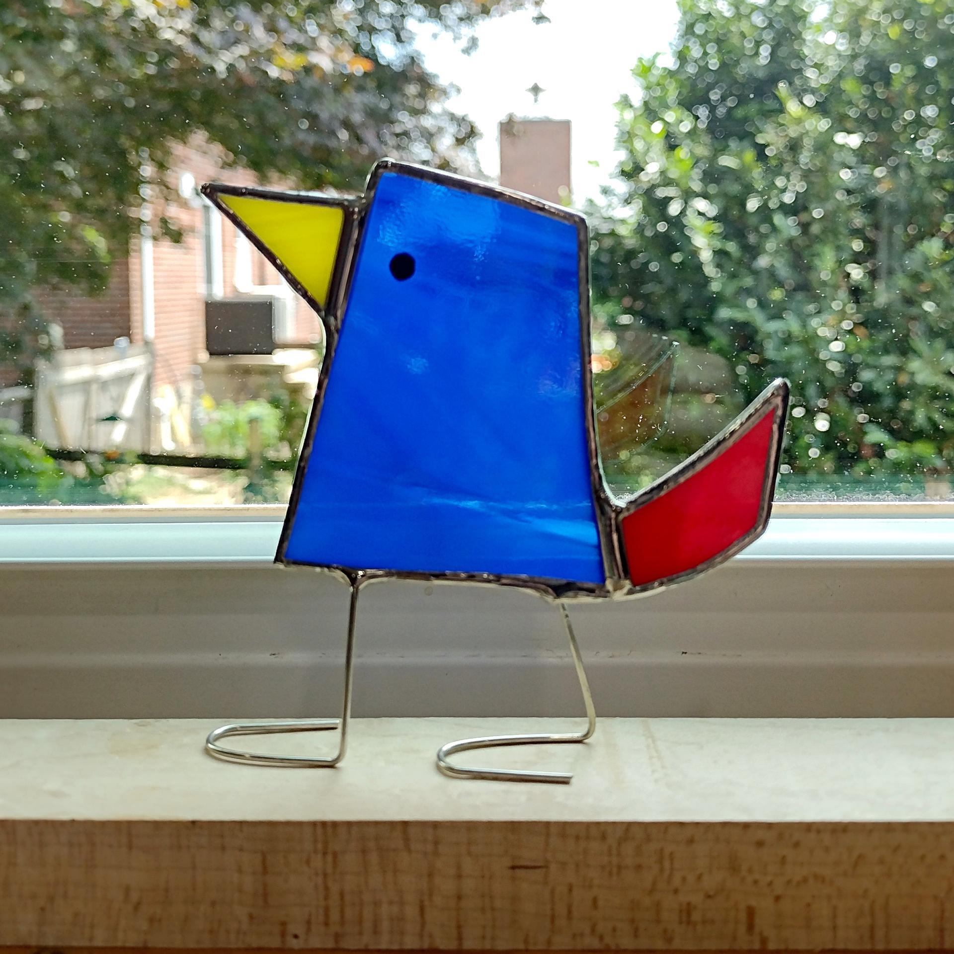Stained Glass Standing Bird, Funky Blue and Red Glass Bird Suncatcher, Bird Lover Gift, Windowsill Sitter