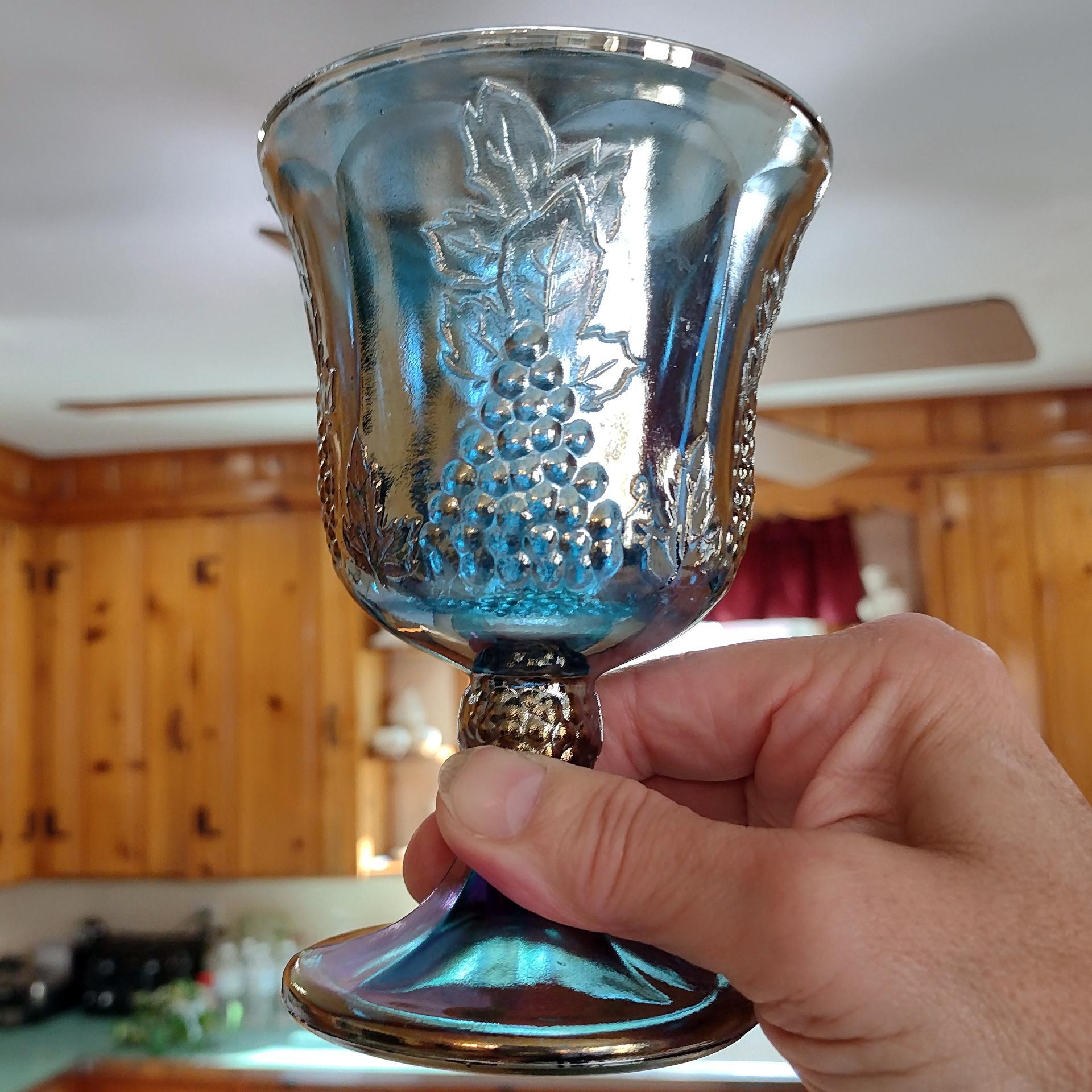 Vintage Indiana Glass Colony Harvest Blue Carnival Glass Wine Water Goblets, Set of 2