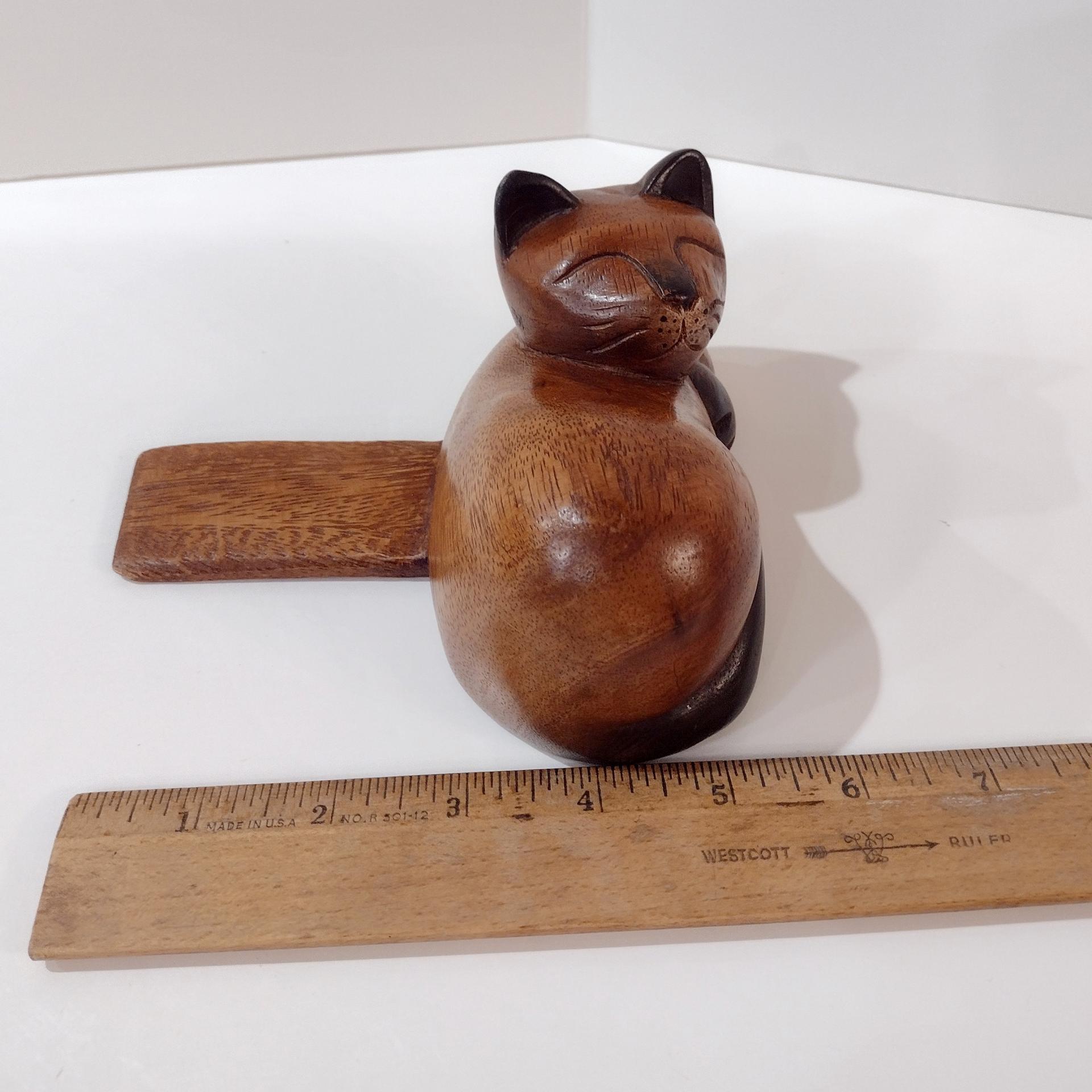 Hand Carved Wooden Sleeping Cat Book End Shelf Sitter, Cat Nap Kitten Figurine
