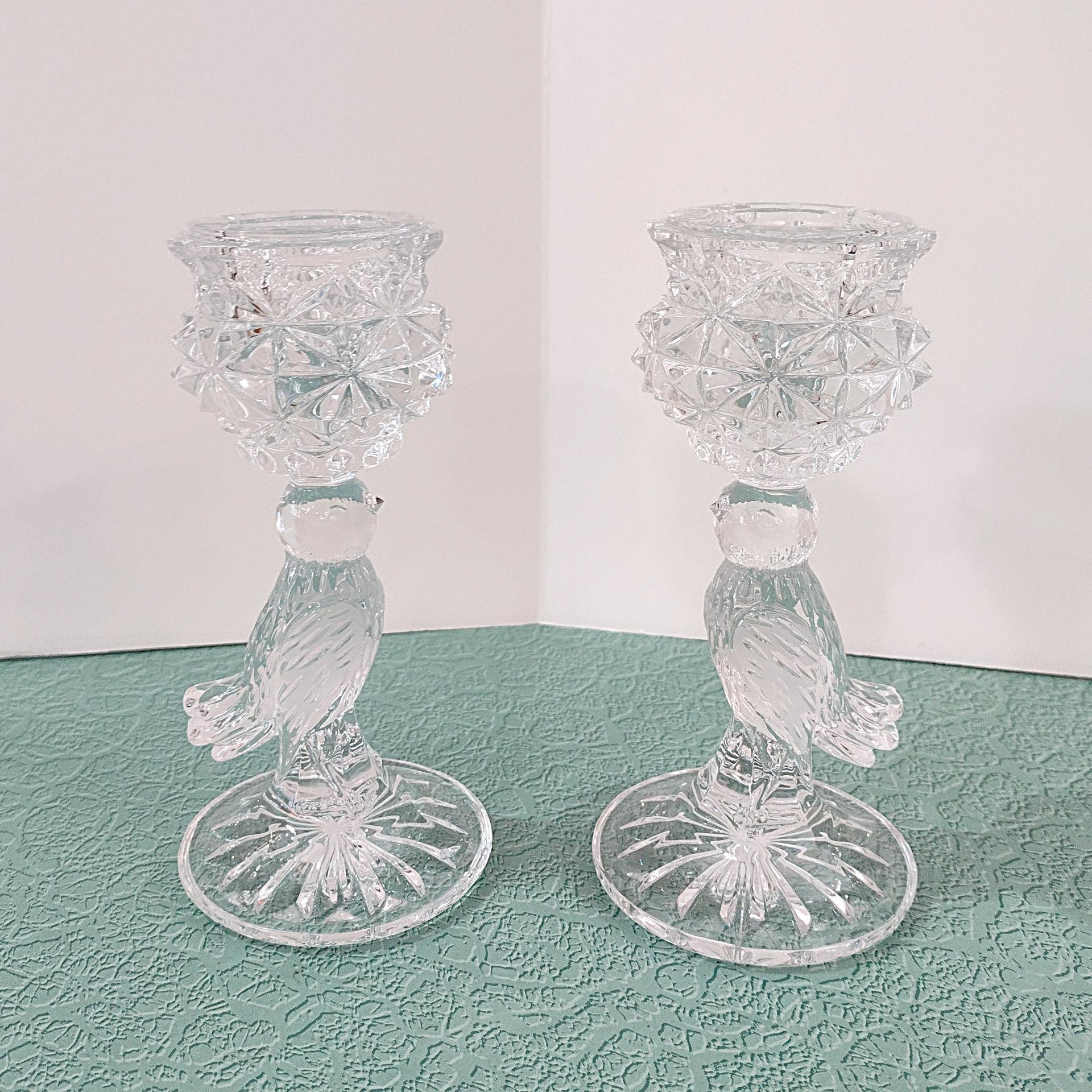 Vintage Crystal Hofbauer Byrdes Collection Taper Candle Holders with Figurative Bird Stems, Set of Two