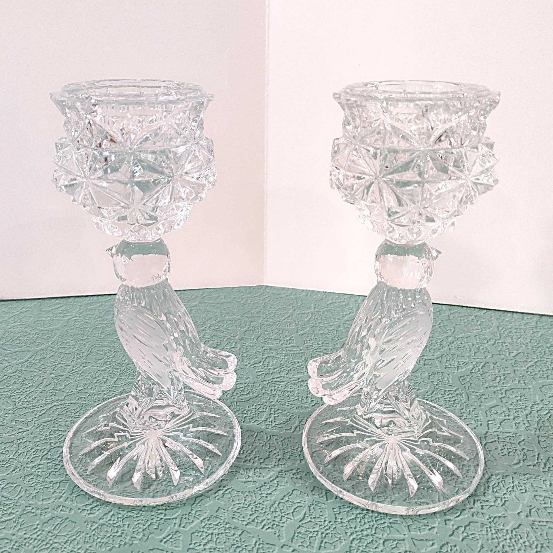 Vintage Crystal Hofbauer Byrdes Collection Taper Candle Holders with Figurative Bird Stems, Set of Two