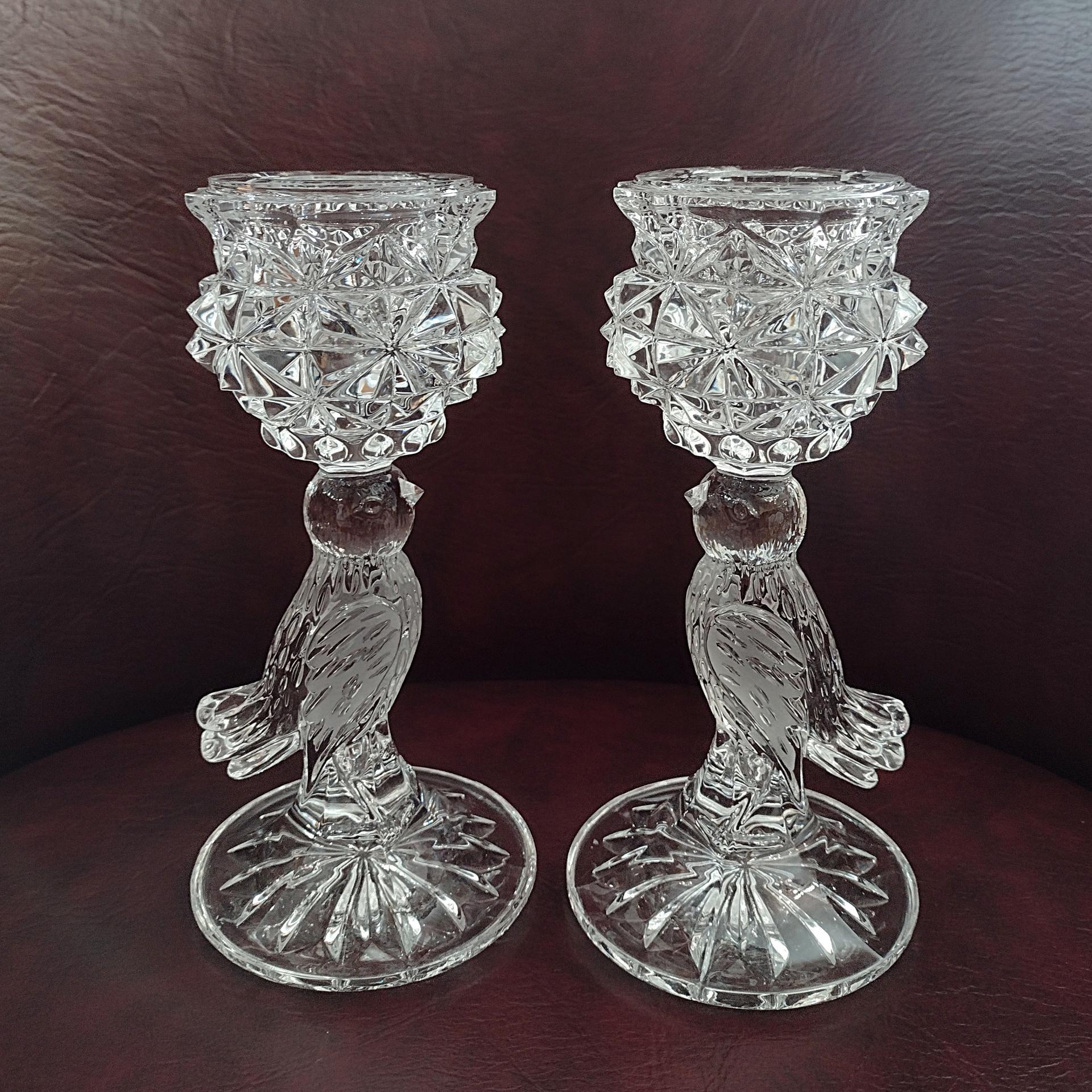 Vintage Crystal Hofbauer Byrdes Collection Taper Candle Holders with Figurative Bird Stems, Set of Two