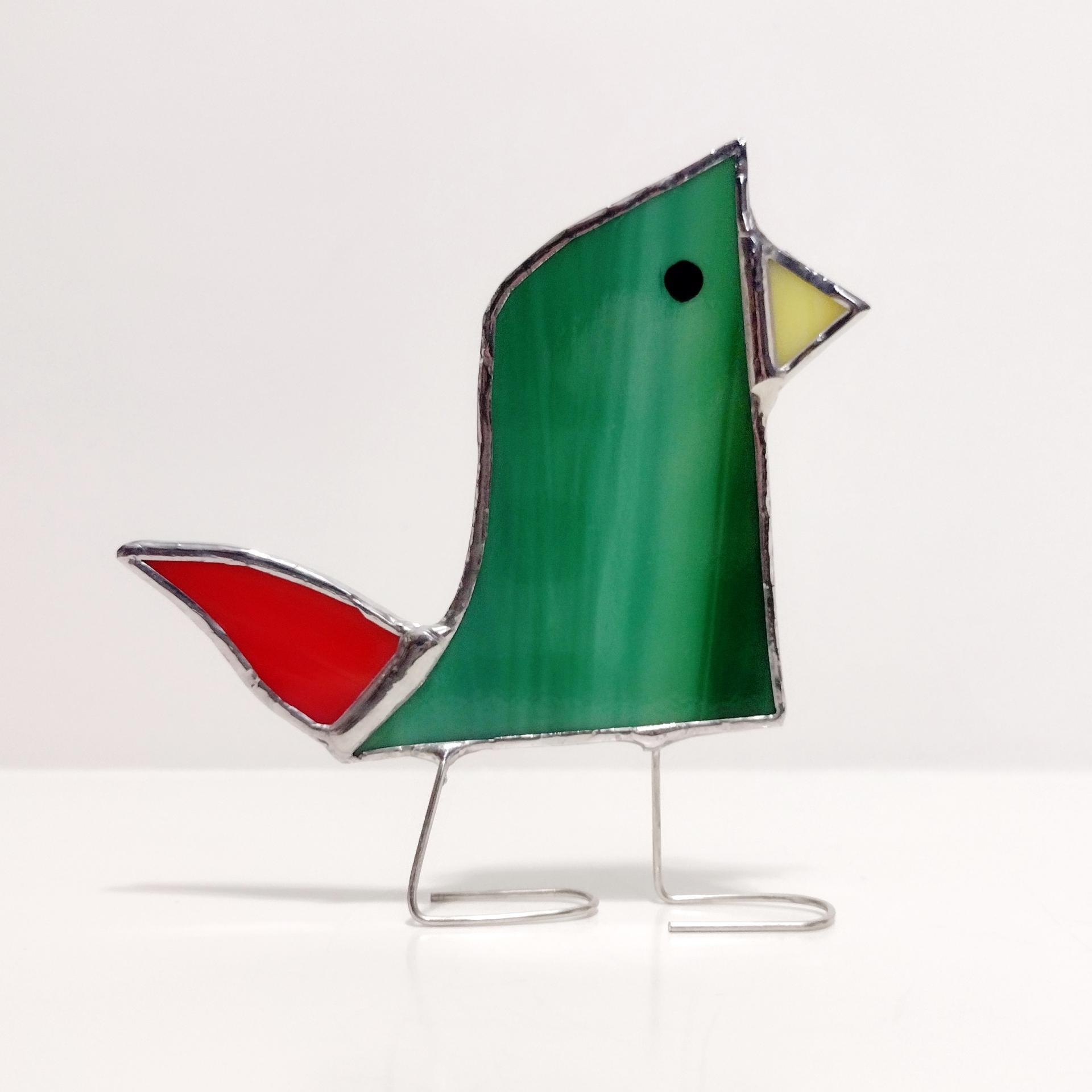 Stained Glass Standing Bird, Funky Glass Bird, Green and Red Bird Suncatcher