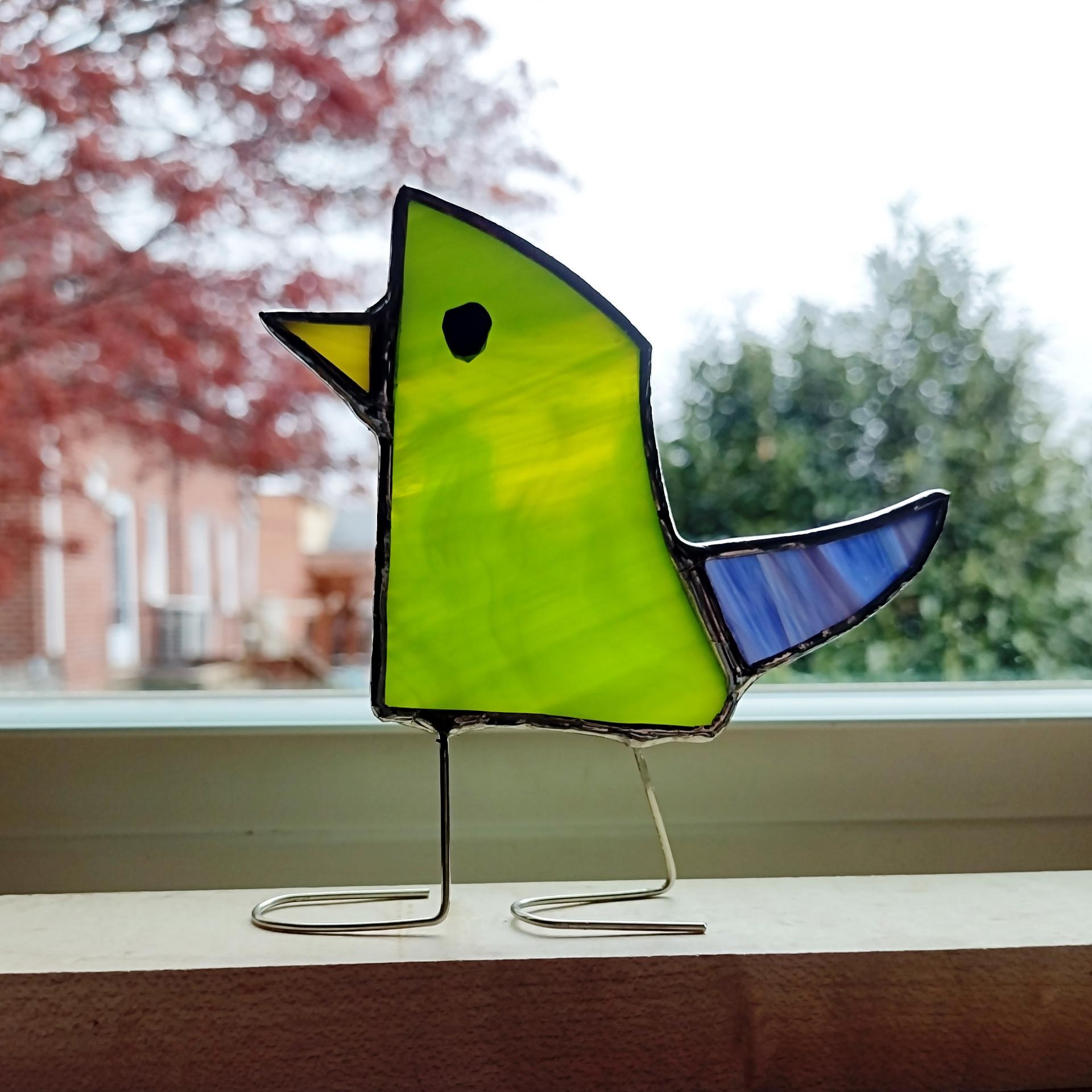 Stained Glass Standing Bird, Funky Glass Bird, Green Bird Suncatcher