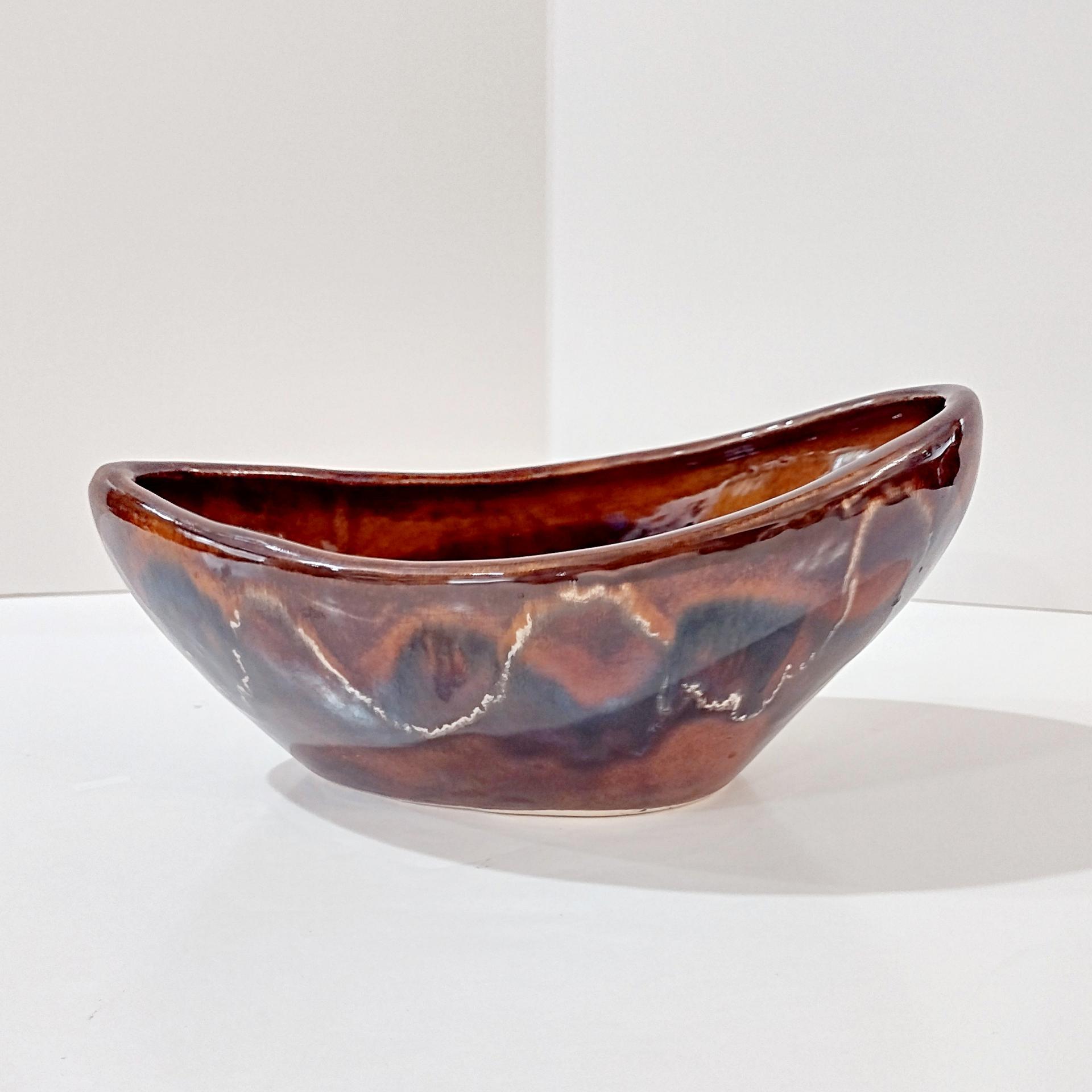 Vintage Brown Drip Glaze Ceramic Oblong Bowl, Hand Crafted Pottery Planter Boat
