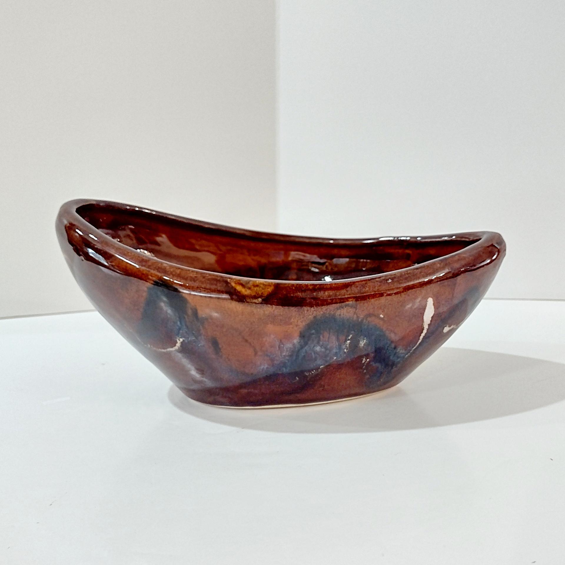 Vintage Brown Drip Glaze Ceramic Oblong Bowl, Hand Crafted Pottery Planter Boat
