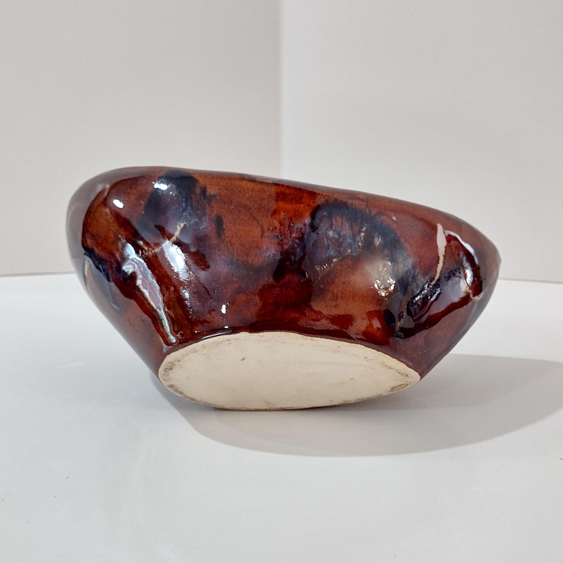 Vintage Brown Drip Glaze Ceramic Oblong Bowl, Hand Crafted Pottery Planter Boat