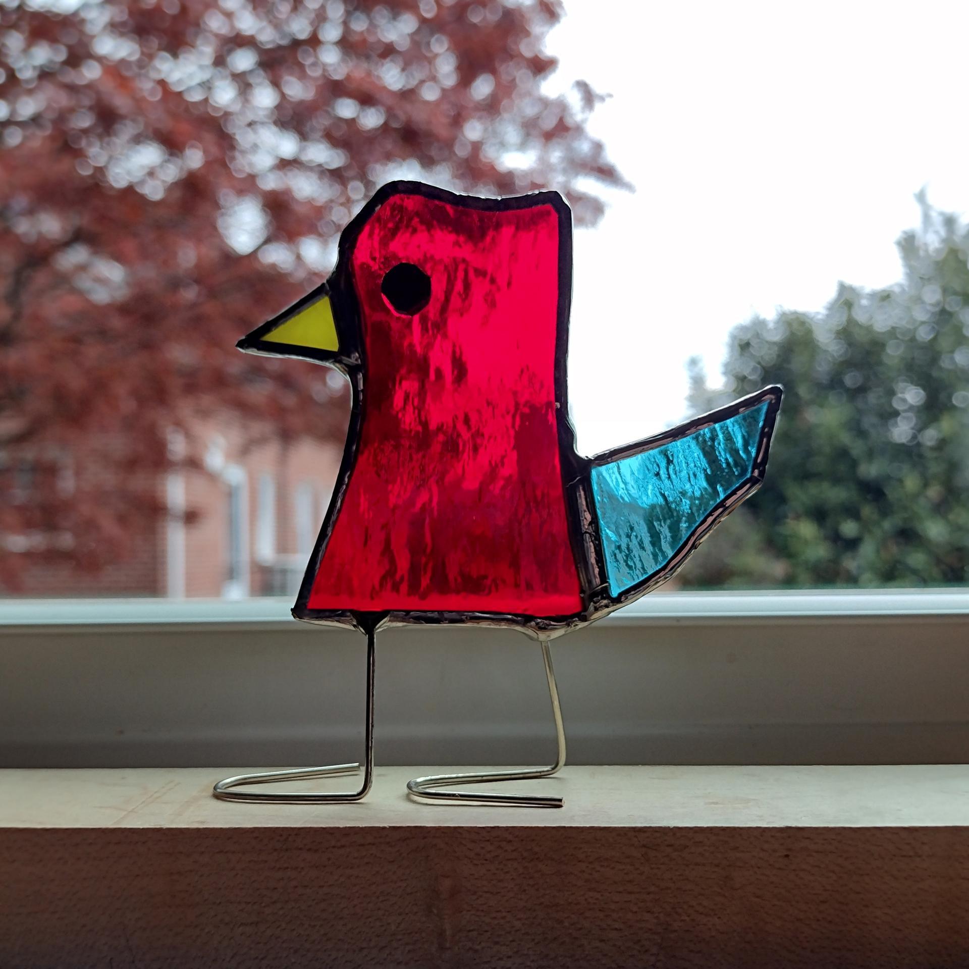 Stained Glass Standing Bird, Funky Glass Bird, Red and Blue Bird Suncatcher