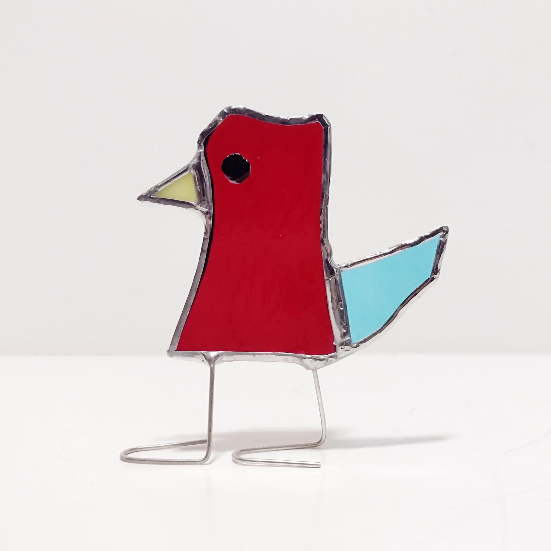 Stained Glass Standing Bird, Funky Glass Bird, Red and Blue Bird Suncatcher