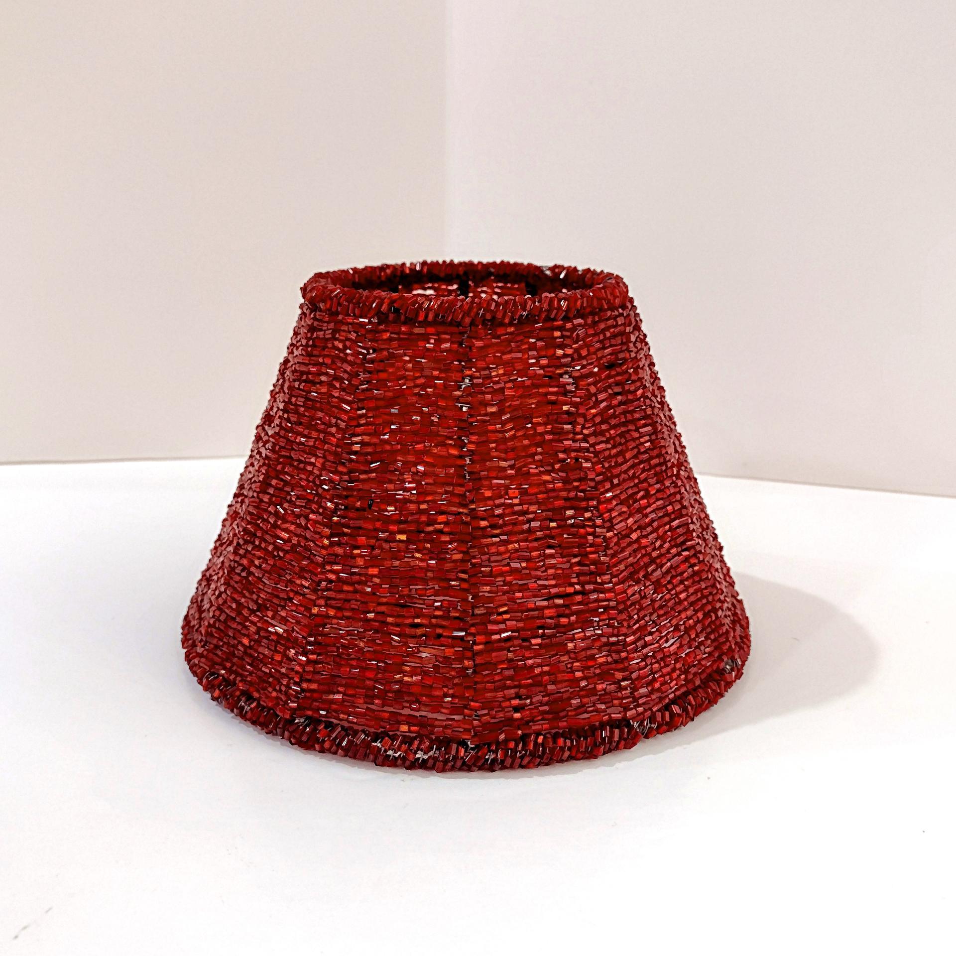 Vintage Red Beaded Shade, Candle Topper Glass Seed Bead Decorative Shade