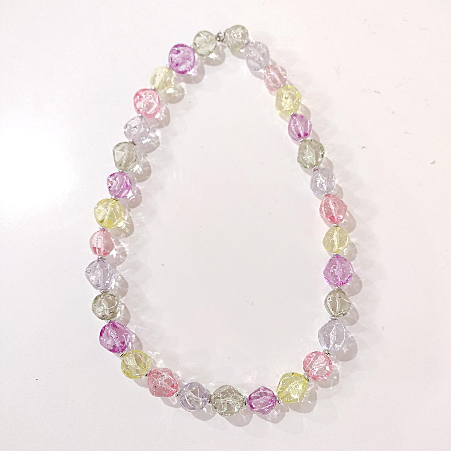 Vintage Chunky Pastel Crackle Bead Necklace, Pink Yellow Purple Green Clear Lucite Beads