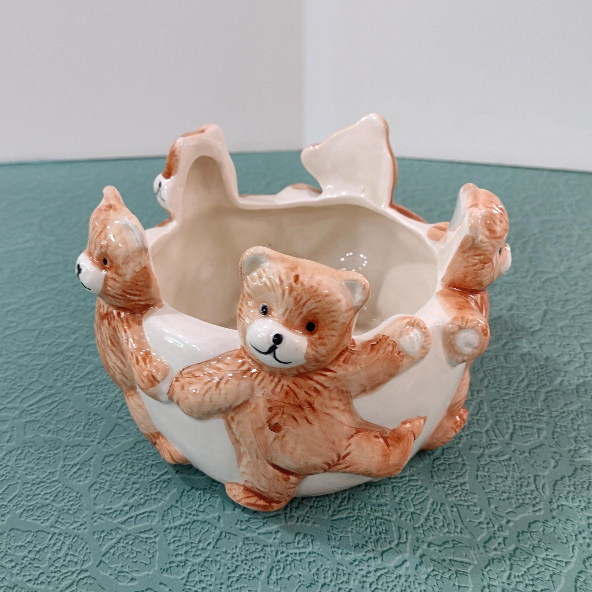 Vintage Dancing Teddy Bear Ceramic Planter Pot, Children's Room Trinket Bowl