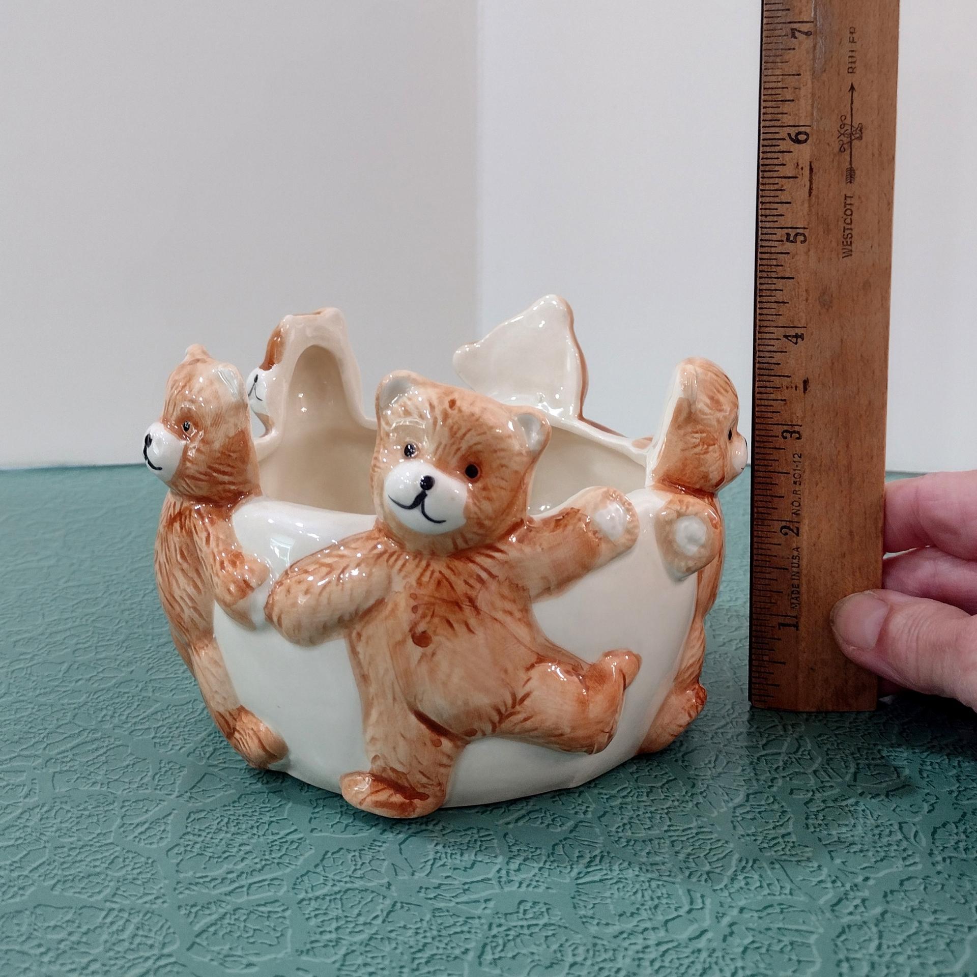 Vintage Dancing Teddy Bear Ceramic Planter Pot, Children's Room Trinket Bowl