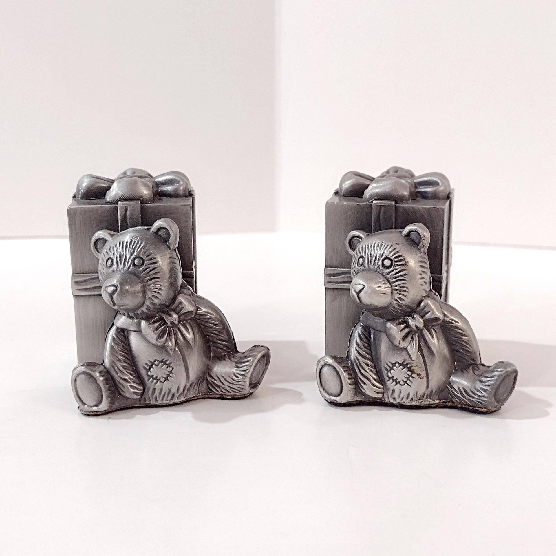 Vintage Pewter Teddy Bear and Present Box Salt and Pepper Shaker Set
