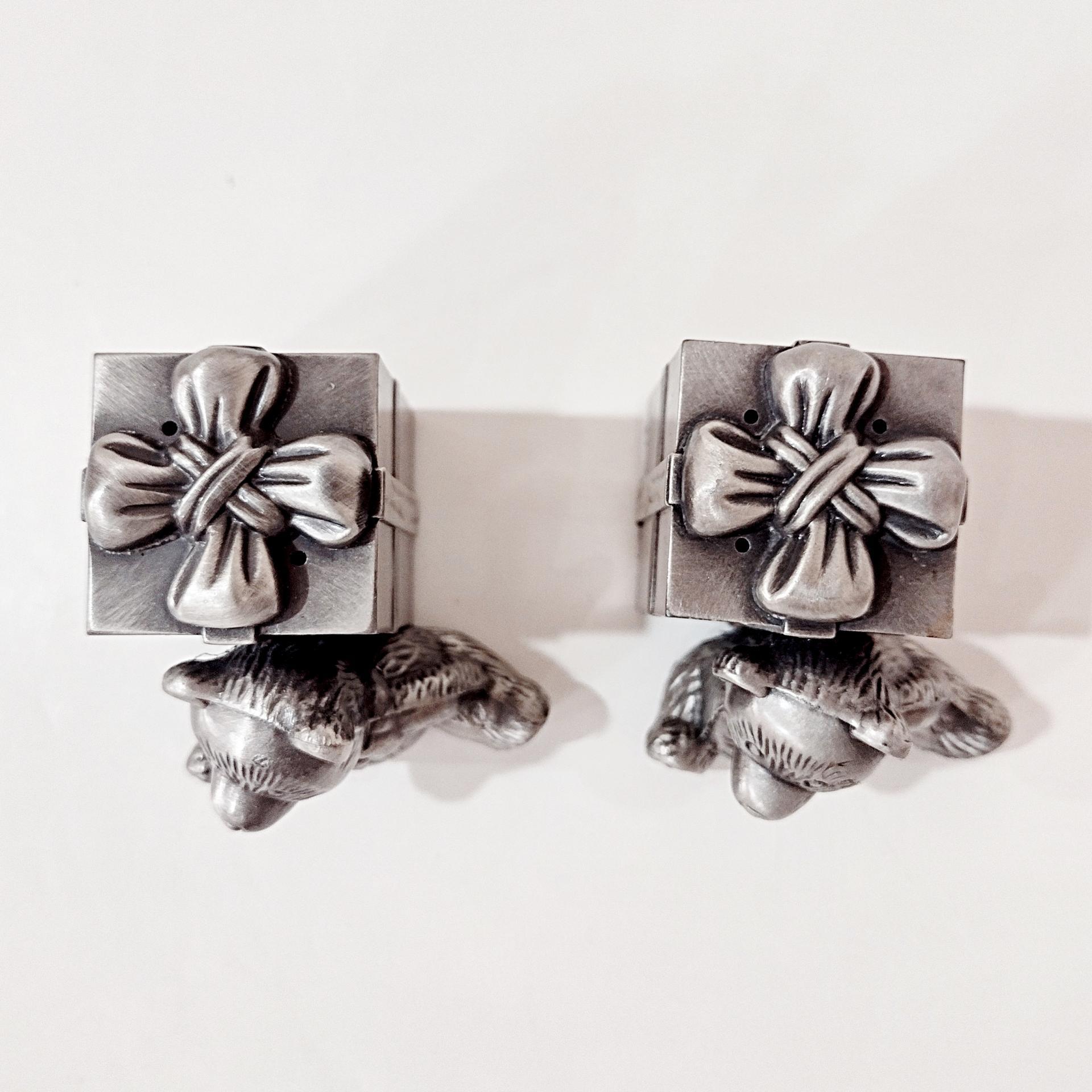 Vintage Pewter Teddy Bear and Present Box Salt and Pepper Shaker Set