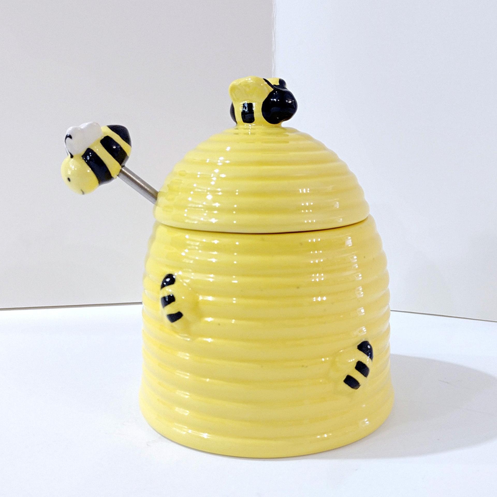 Vintage Ceramic Honey Bee Hive Honey Pot with Drizzler, Busy Little Bee Honeypot