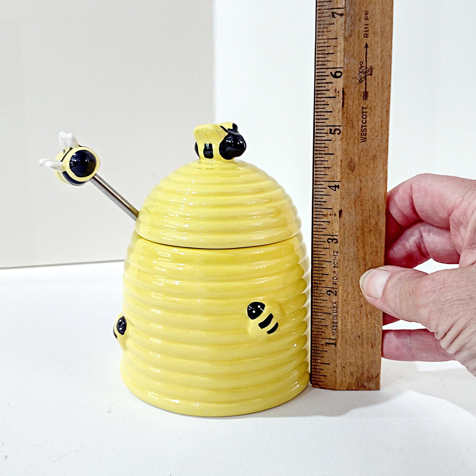 Vintage Ceramic Honey Bee Hive Honey Pot with Drizzler, Busy Little Bee Honeypot