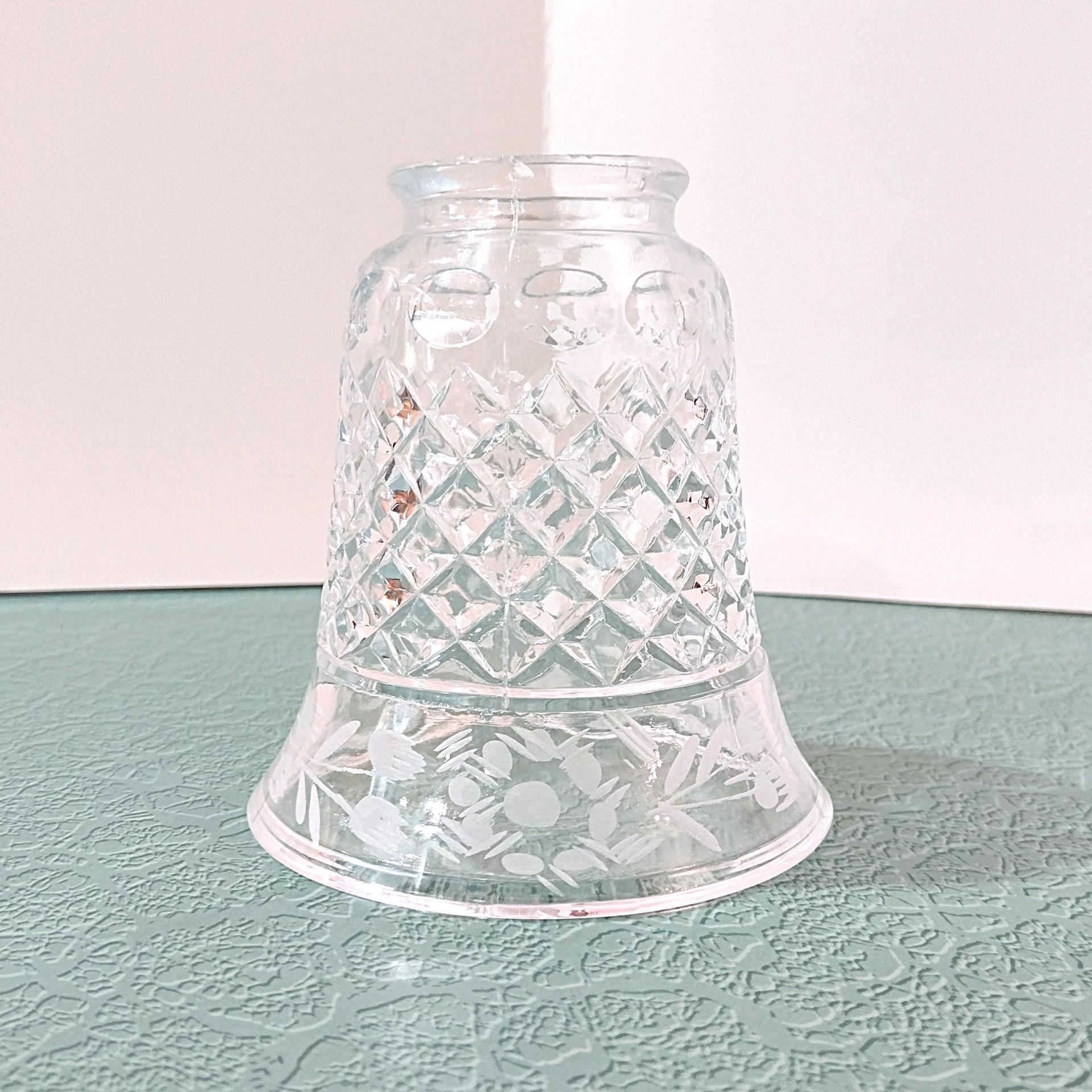 Vintage Diamond Cut Glass and Floral Etched Bell Glass Lamp Shade, Replacement Bell Shaped Shade