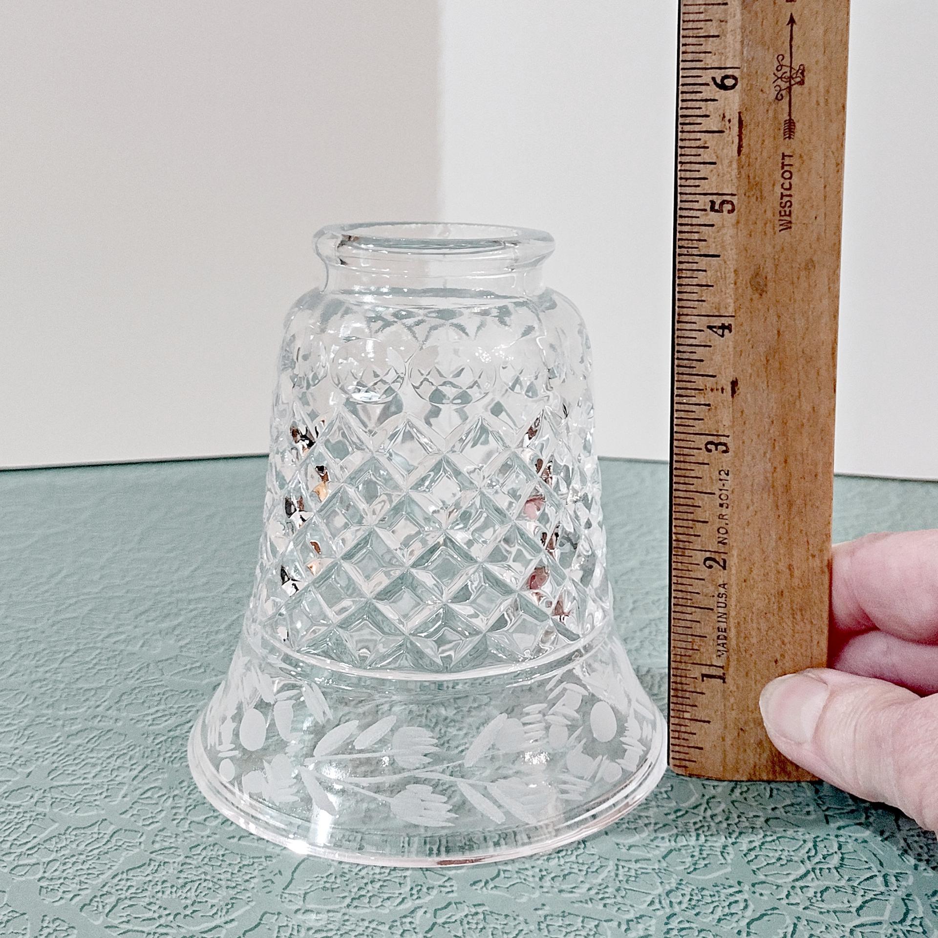 Vintage Diamond Cut Glass and Floral Etched Bell Glass Lamp Shade, Replacement Bell Shaped Shade