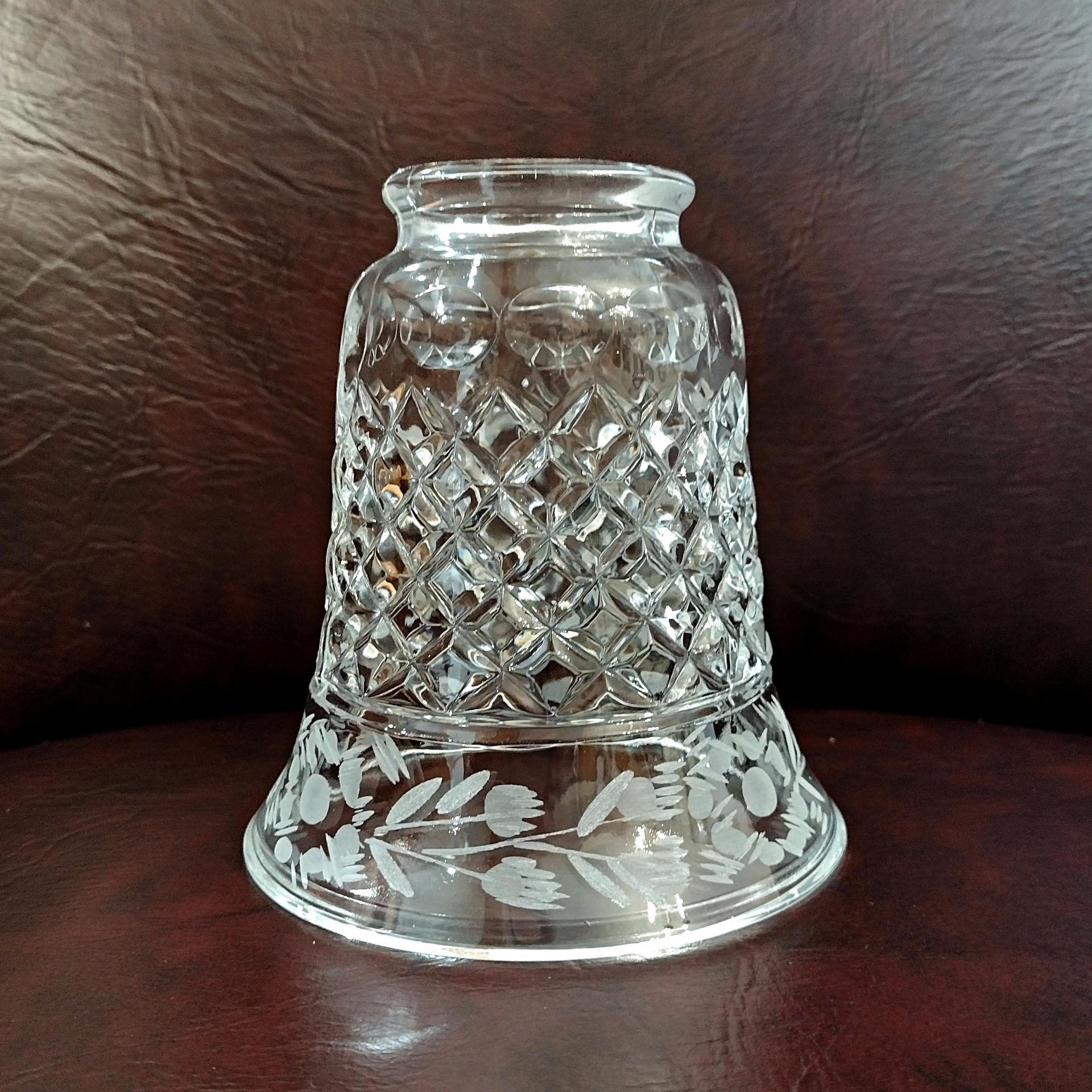 Vintage Diamond Cut Glass and Floral Etched Bell Glass Lamp Shade, Replacement Bell Shaped Shade