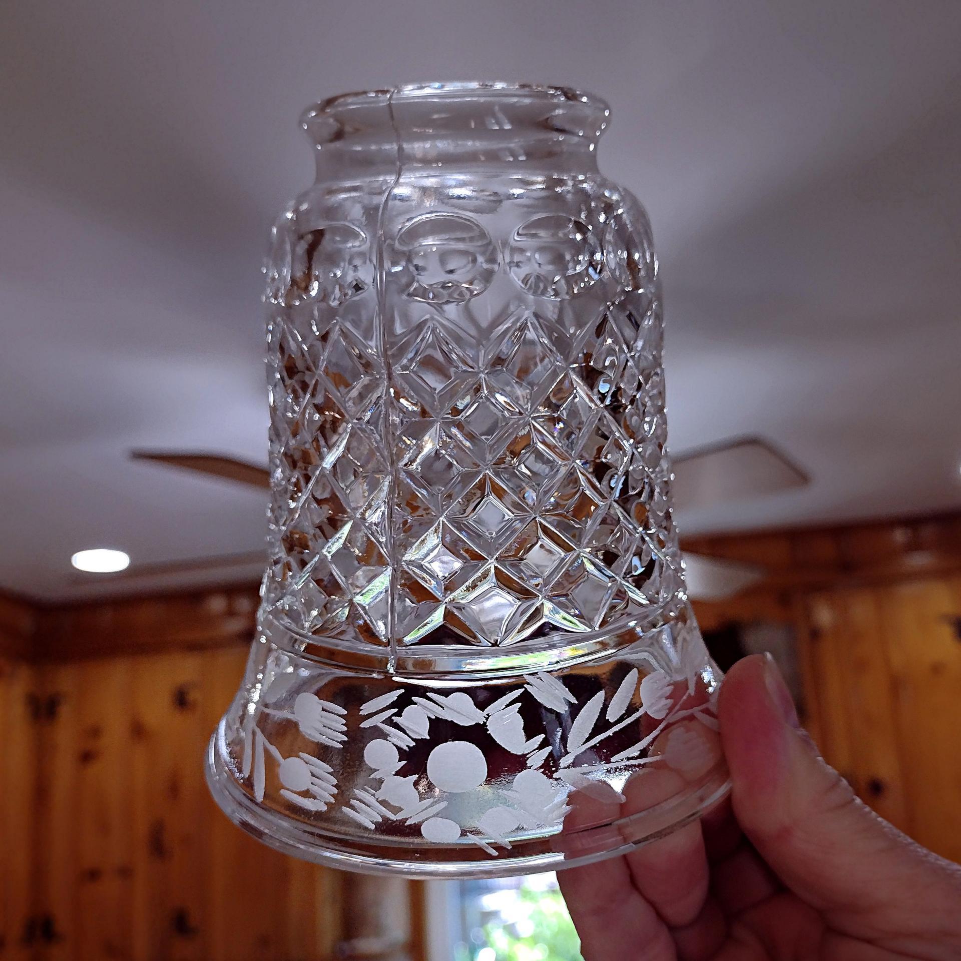 Vintage Diamond Cut Glass and Floral Etched Bell Glass Lamp Shade, Replacement Bell Shaped Shade