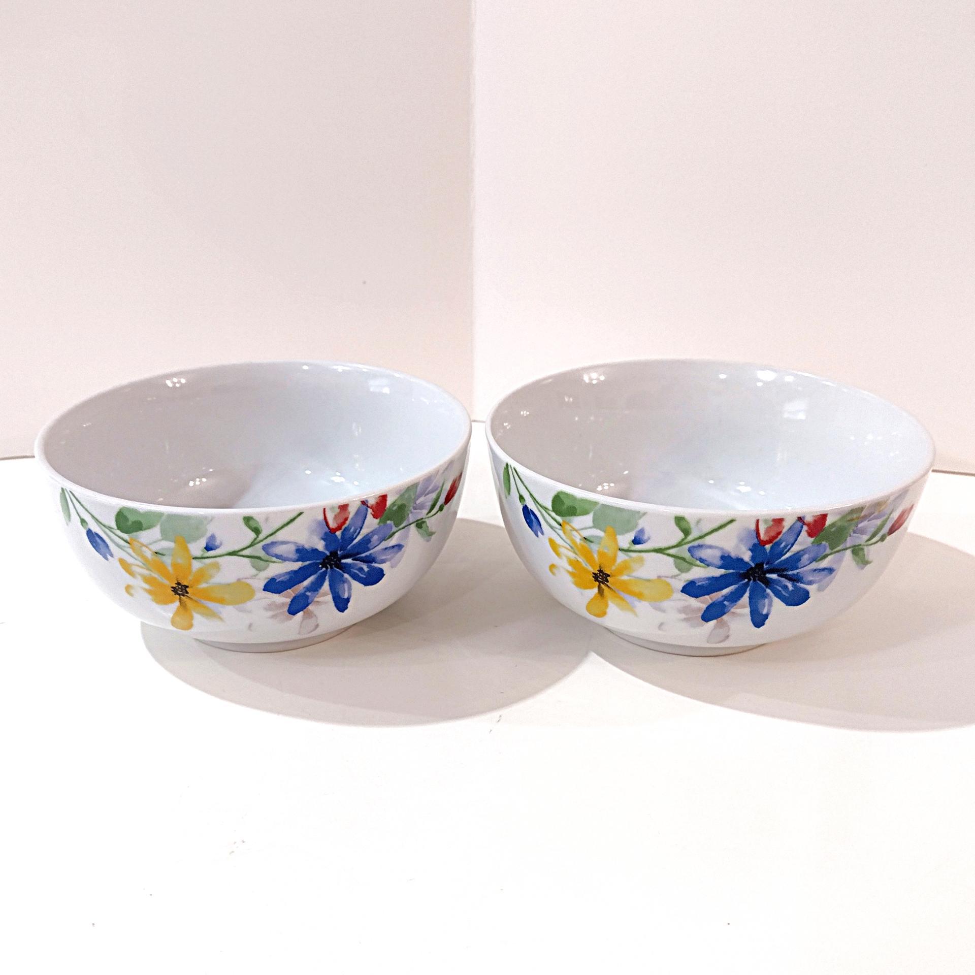 Vintage Corsica Bella Floral Ceramic Soup Salad Bowls, Set of Two, Bright Spring Flowers Candy Nut Bowls