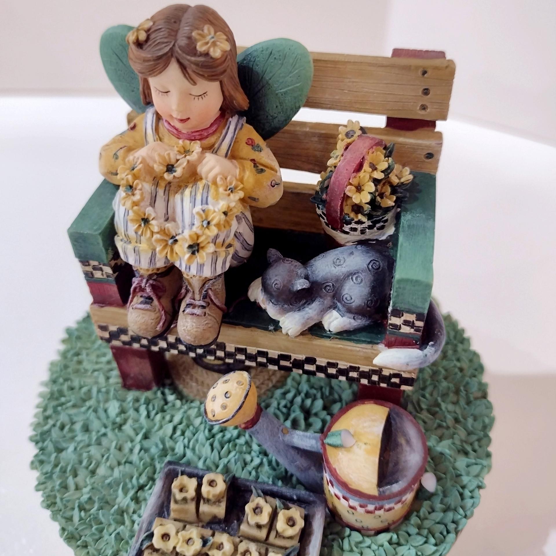 Vintage Our America Debbie Mumm Resin Jar Candle Topper, Girl on a Bench with a Kitty Cat and Flowers