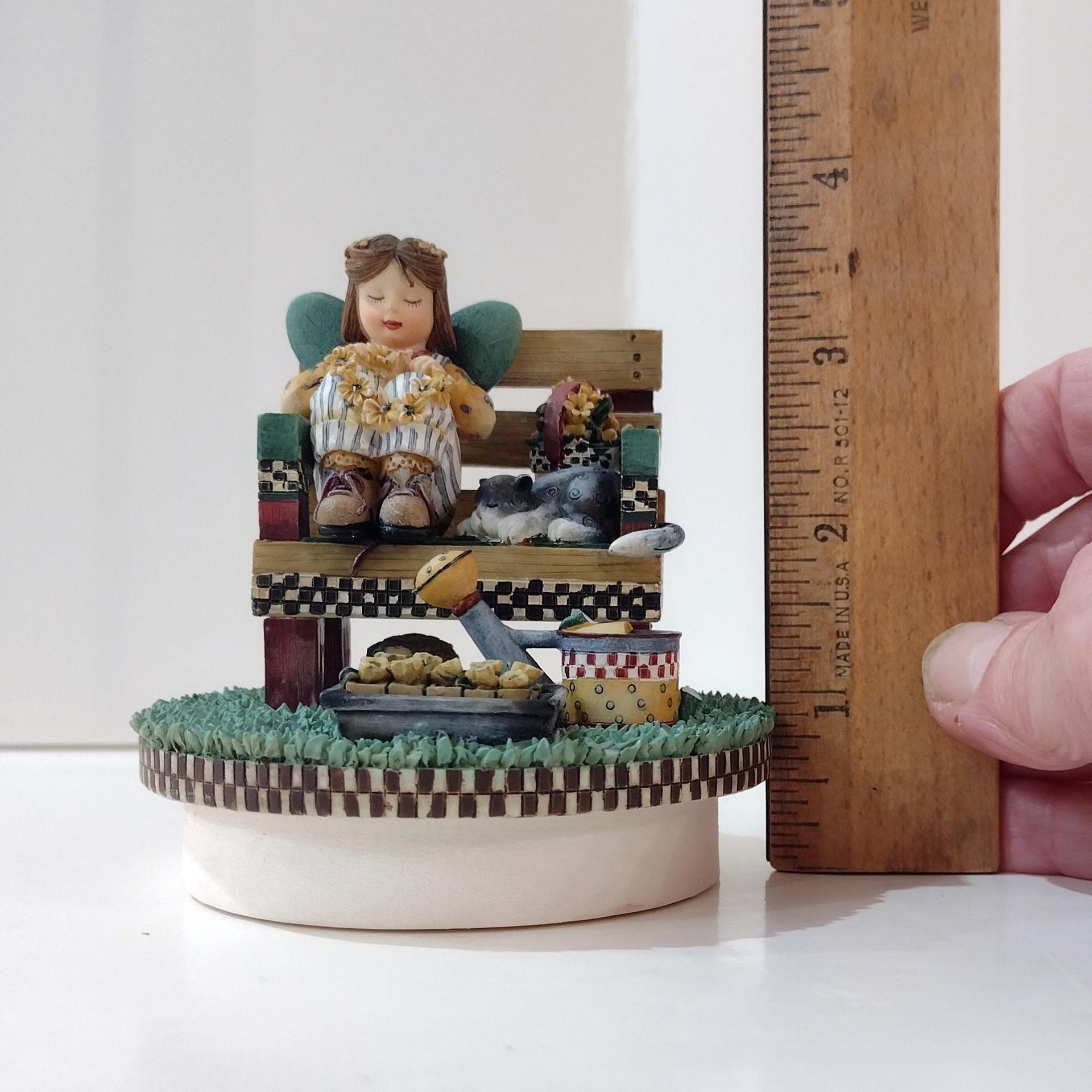 Vintage Our America Debbie Mumm Resin Jar Candle Topper, Girl on a Bench with a Kitty Cat and Flowers