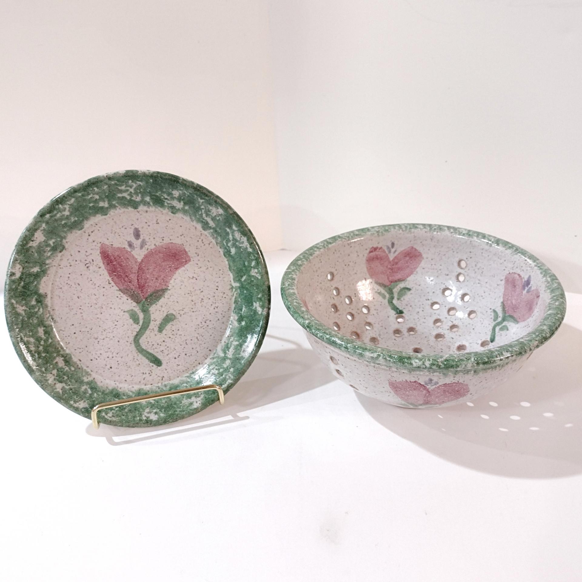 Vintage Ceramic Hand Painted Floral Green Spongeware Berry Bowl and Plate Set, Small Ceramic Colander / Strainer