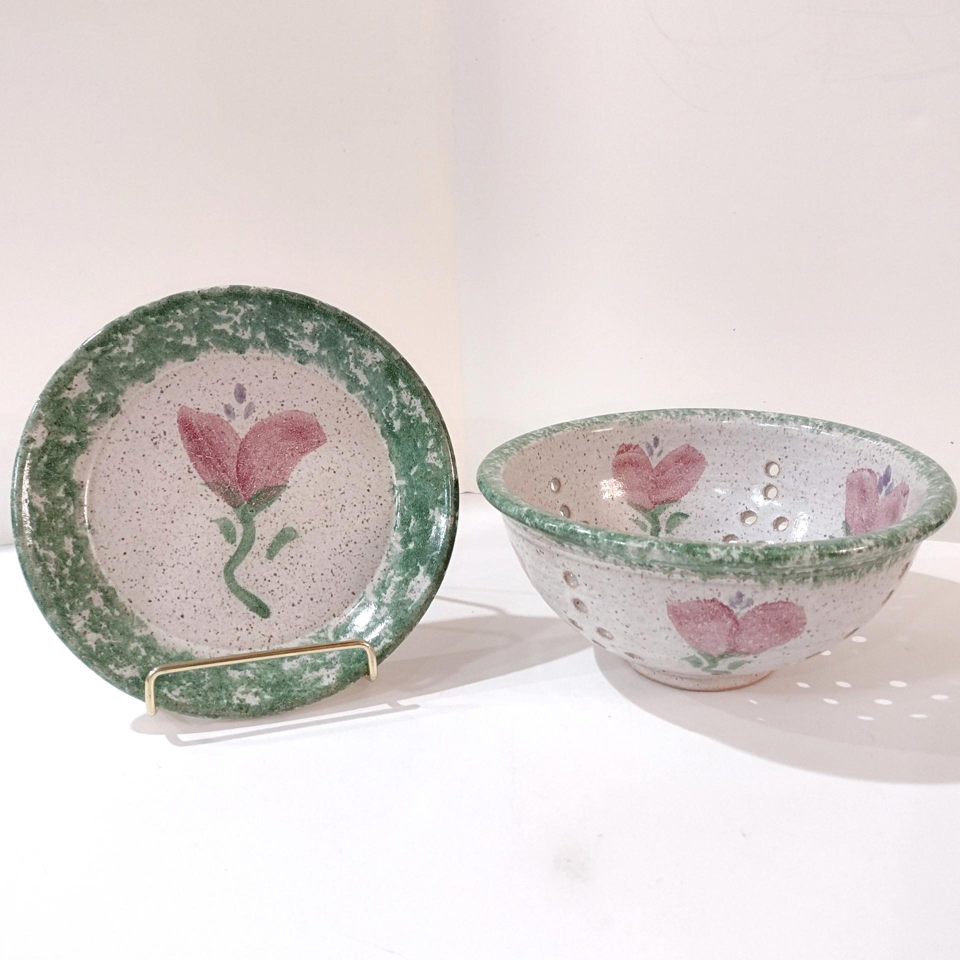 Vintage Ceramic Hand Painted Floral Green Spongeware Berry Bowl and Plate Set, Small Ceramic Colander / Strainer