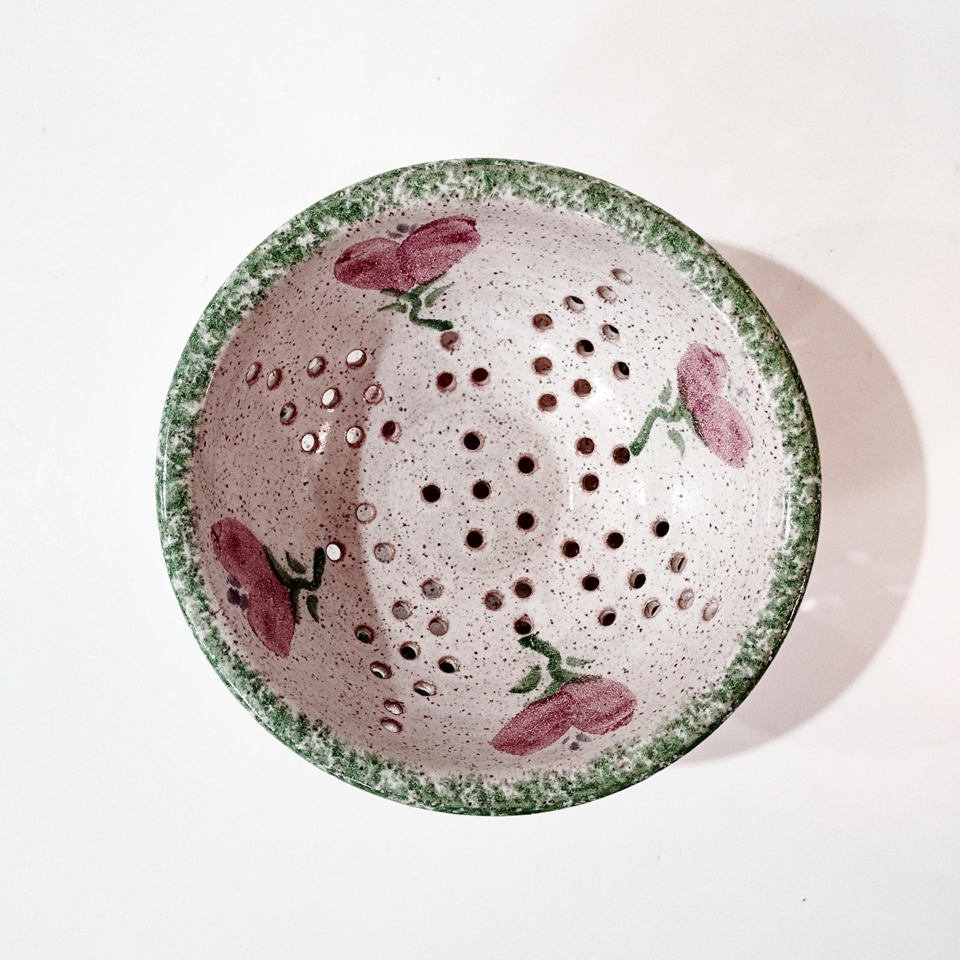 Vintage Ceramic Hand Painted Floral Green Spongeware Berry Bowl and Plate Set, Small Ceramic Colander / Strainer