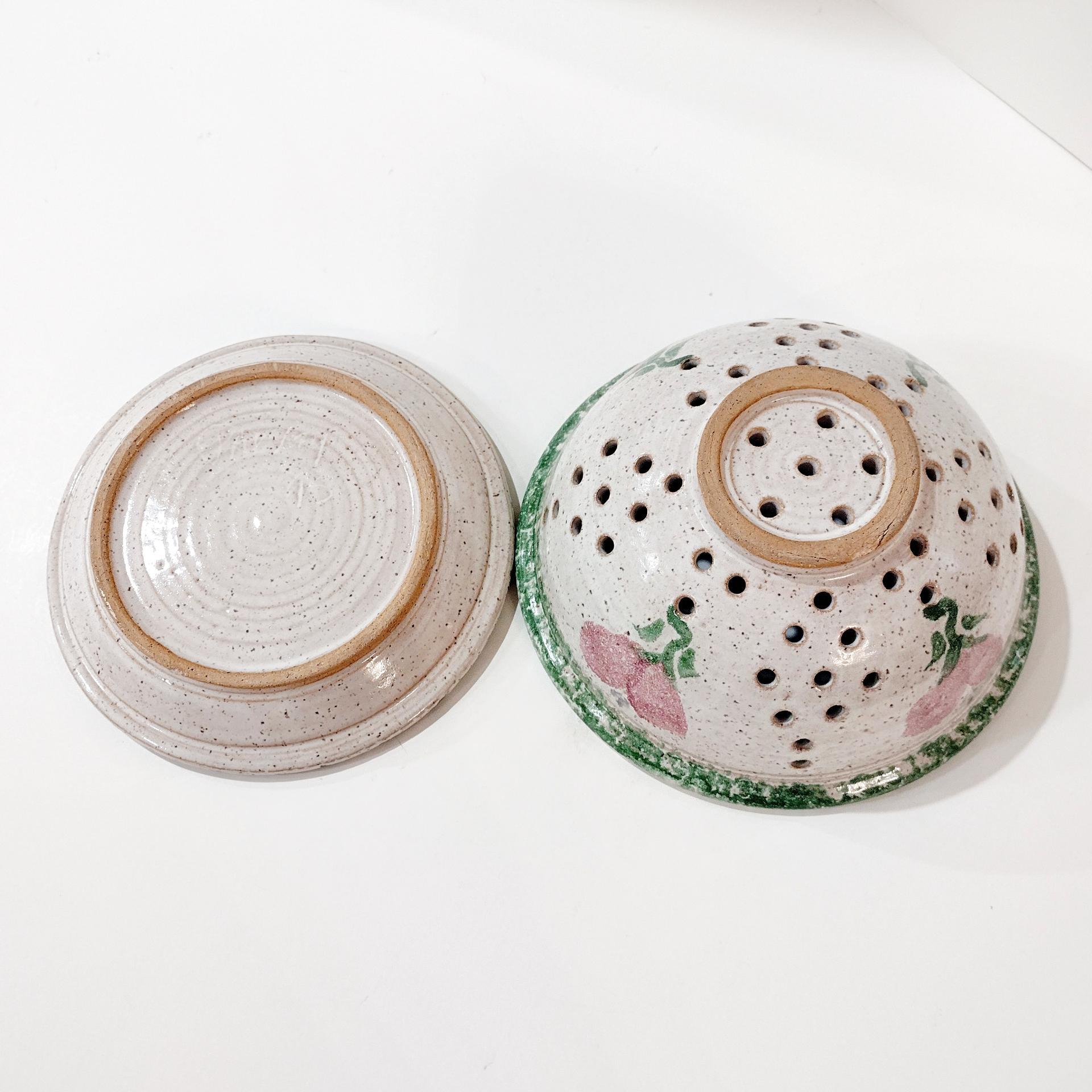 Vintage Ceramic Hand Painted Floral Green Spongeware Berry Bowl and Plate Set, Small Ceramic Colander / Strainer