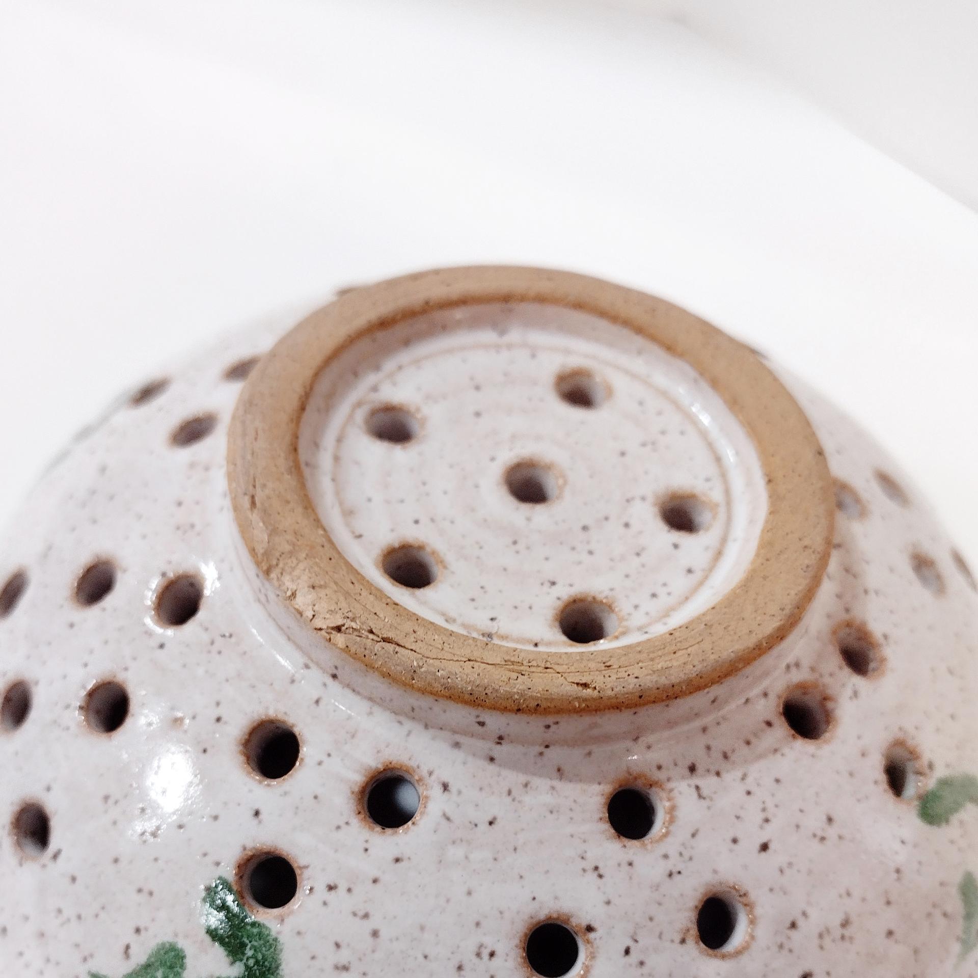 Vintage Ceramic Hand Painted Floral Green Spongeware Berry Bowl and Plate Set, Small Ceramic Colander / Strainer