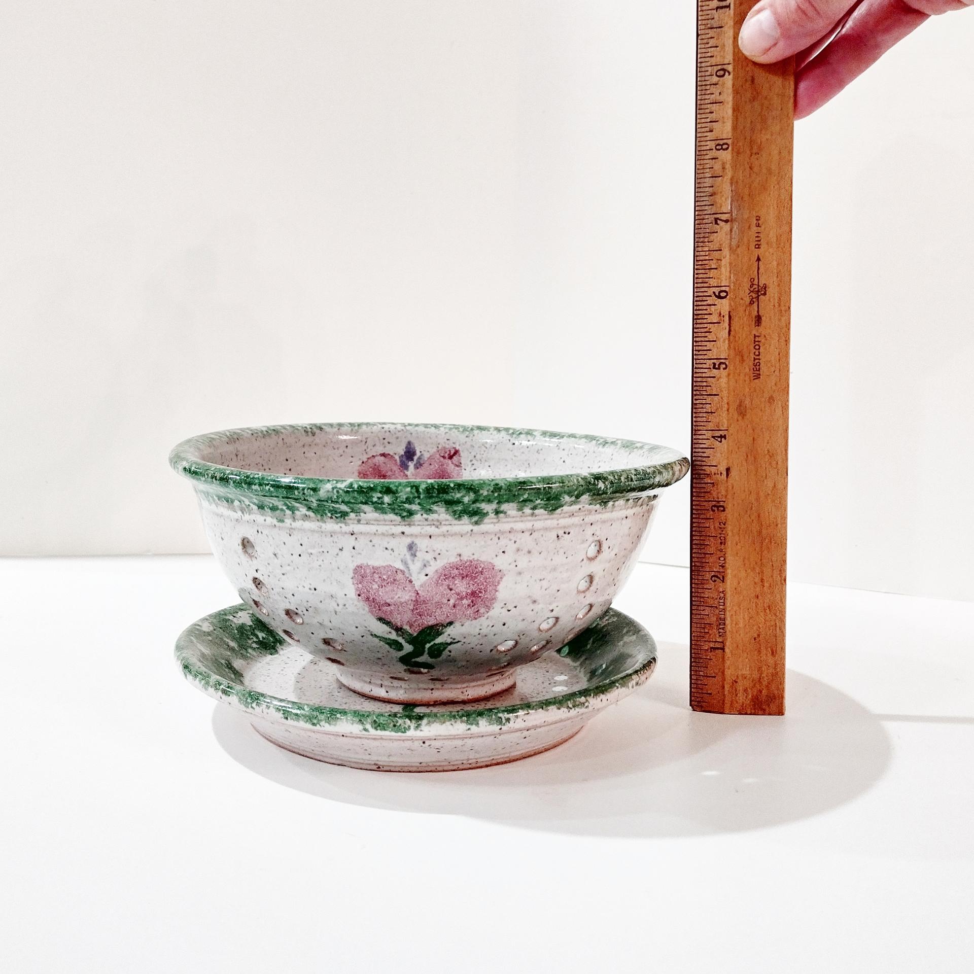 Vintage Ceramic Hand Painted Floral Green Spongeware Berry Bowl and Plate Set, Small Ceramic Colander / Strainer