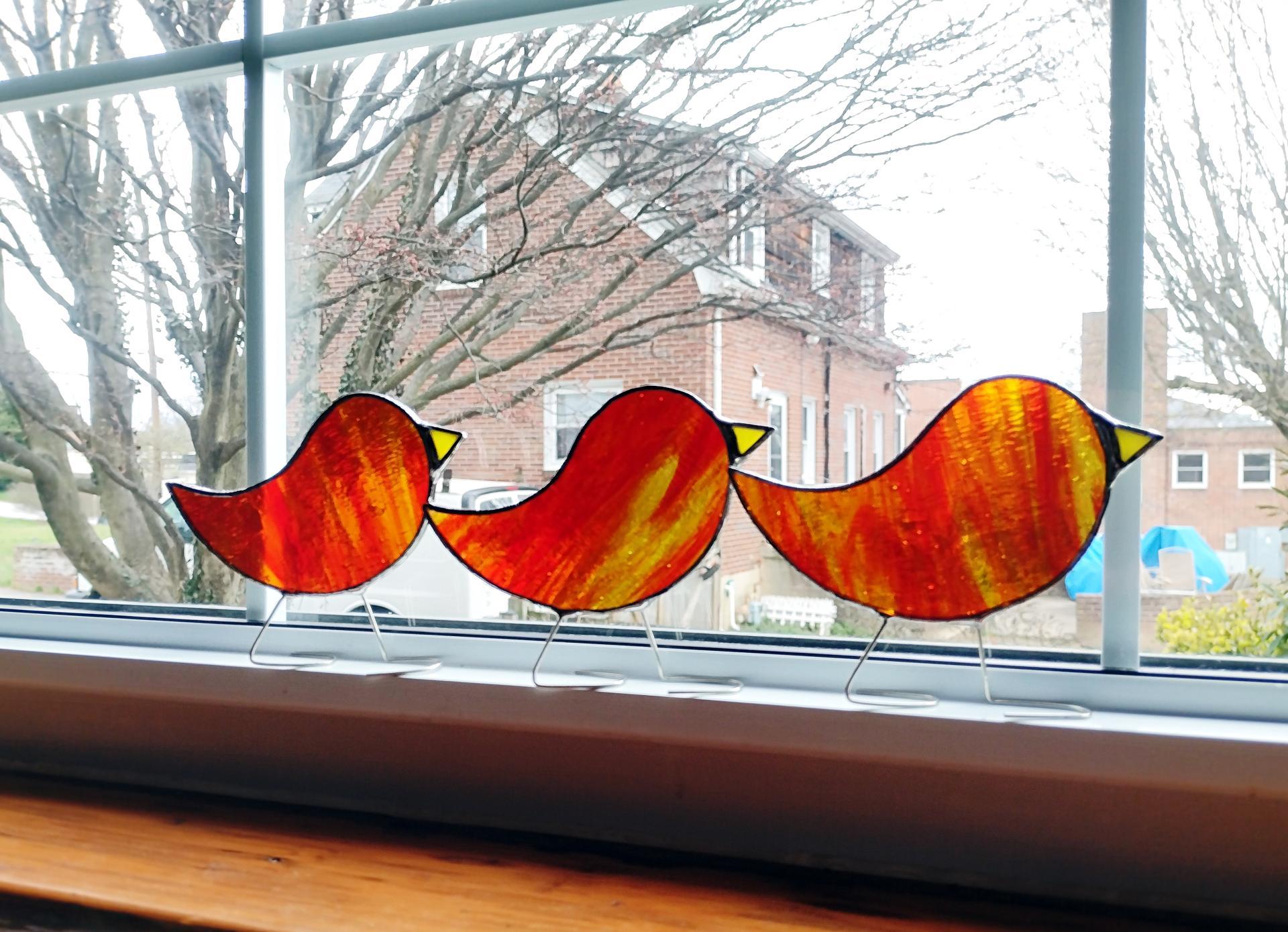 Stained Glass Standing Bird, Fire Bird with Yellow Beak