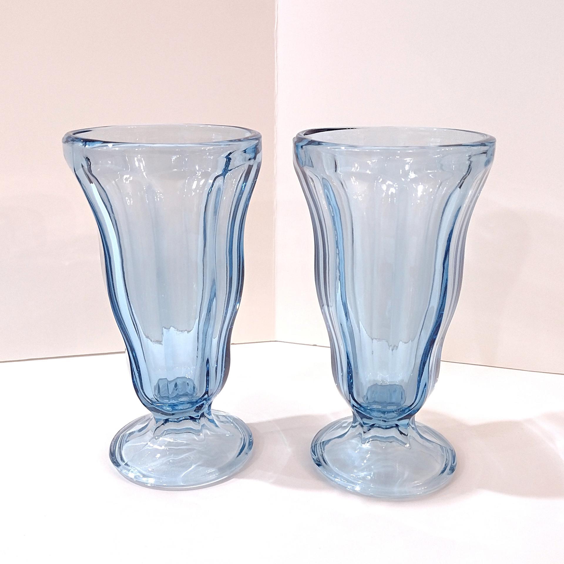 Vintage Anchor Hocking Light Blue Soda Fountain Glasses: Retro Milkshake Sundae Set of Two