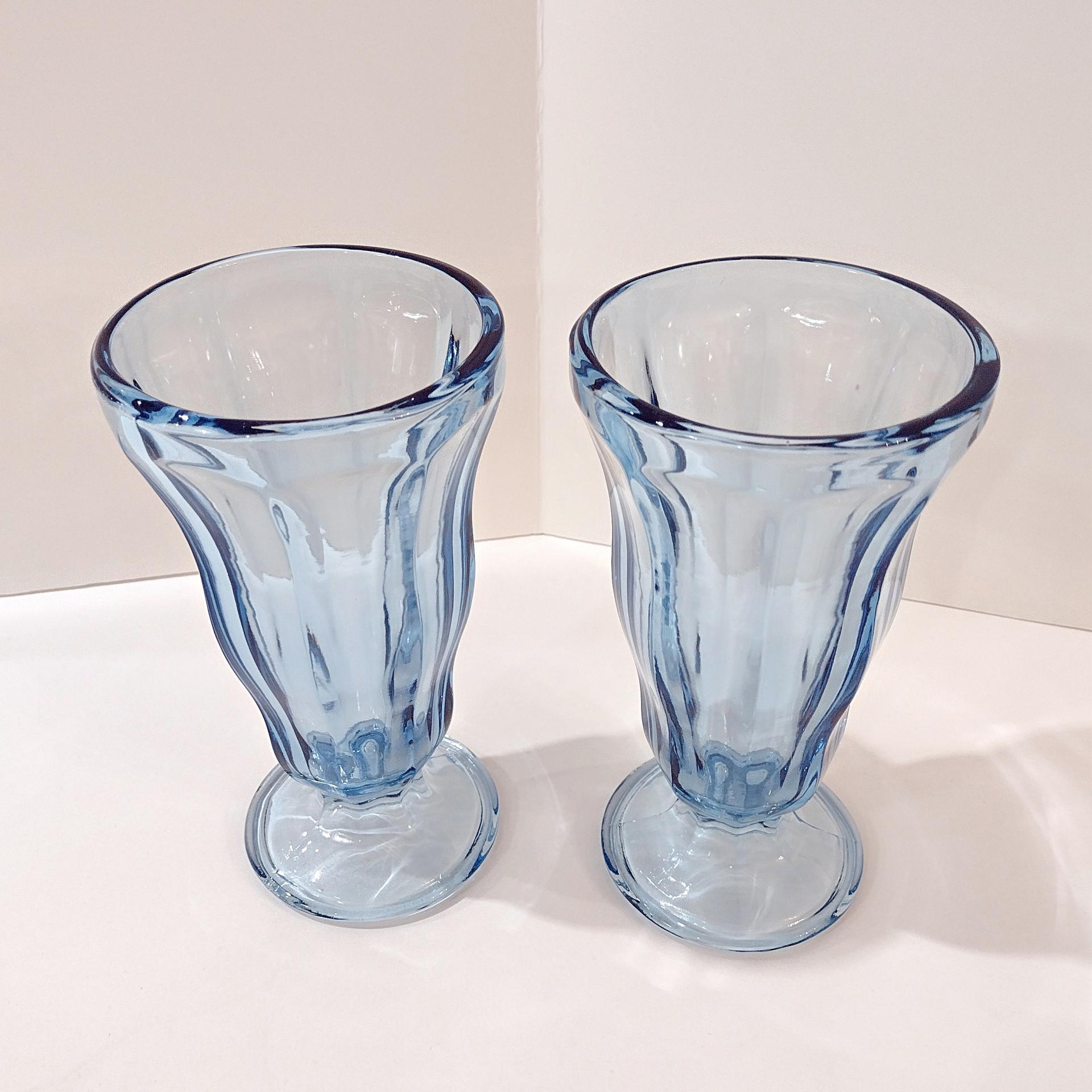 Vintage Anchor Hocking Light Blue Soda Fountain Glasses: Retro Milkshake Sundae Set of Two