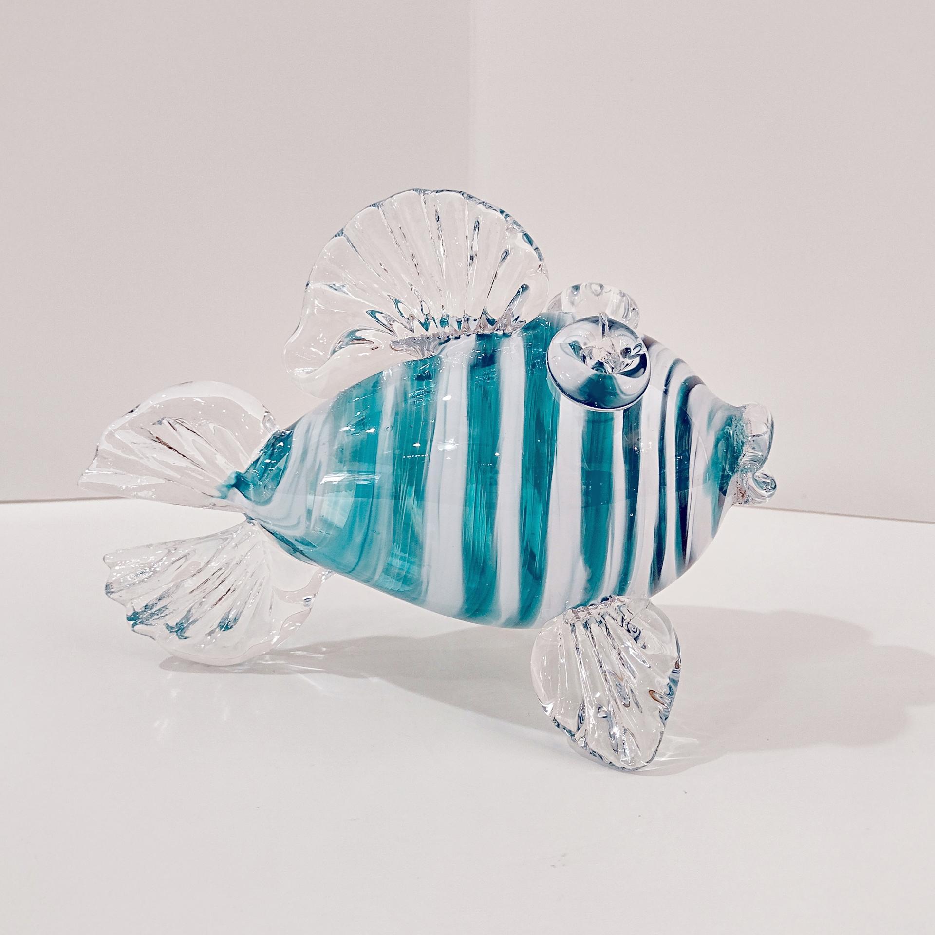 Vintage Hand Blown Glass Murano Style Fish, Aqua Turquoise Blue and Clear Swirled Glass Fish