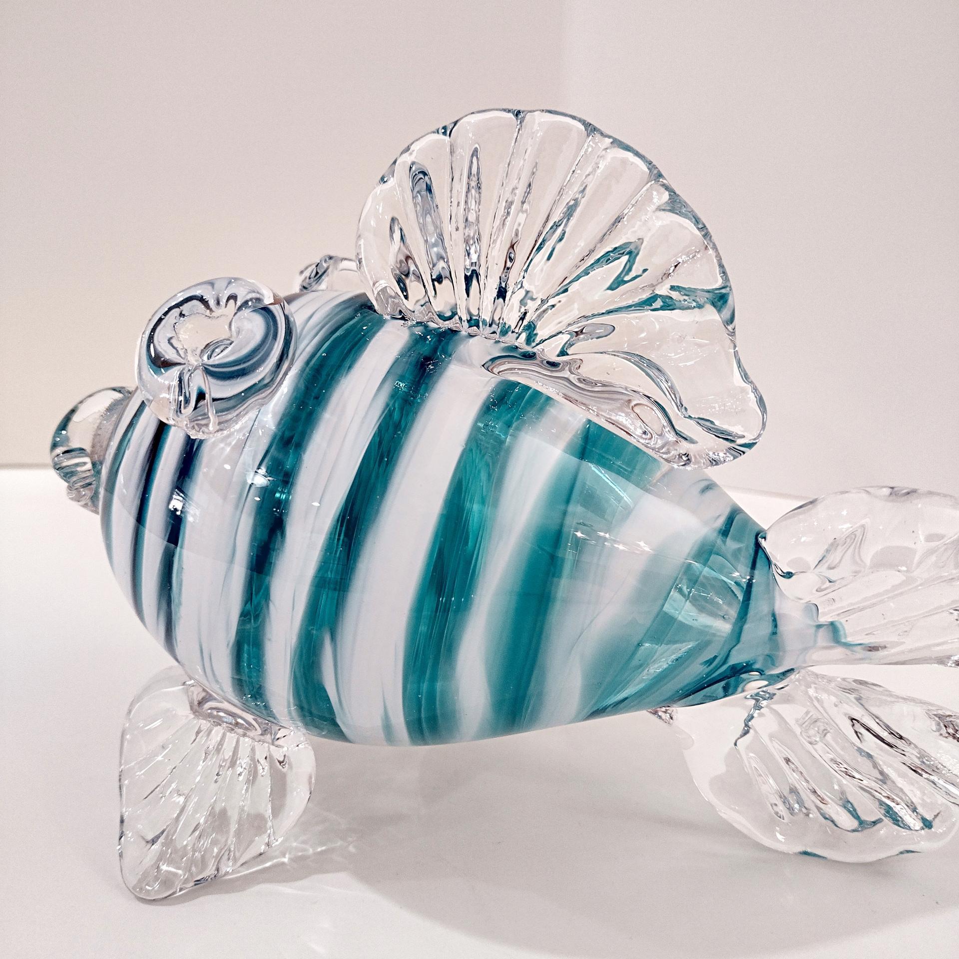 Vintage Hand Blown Glass Murano Style Fish, Aqua Turquoise Blue and Clear Swirled Glass Fish